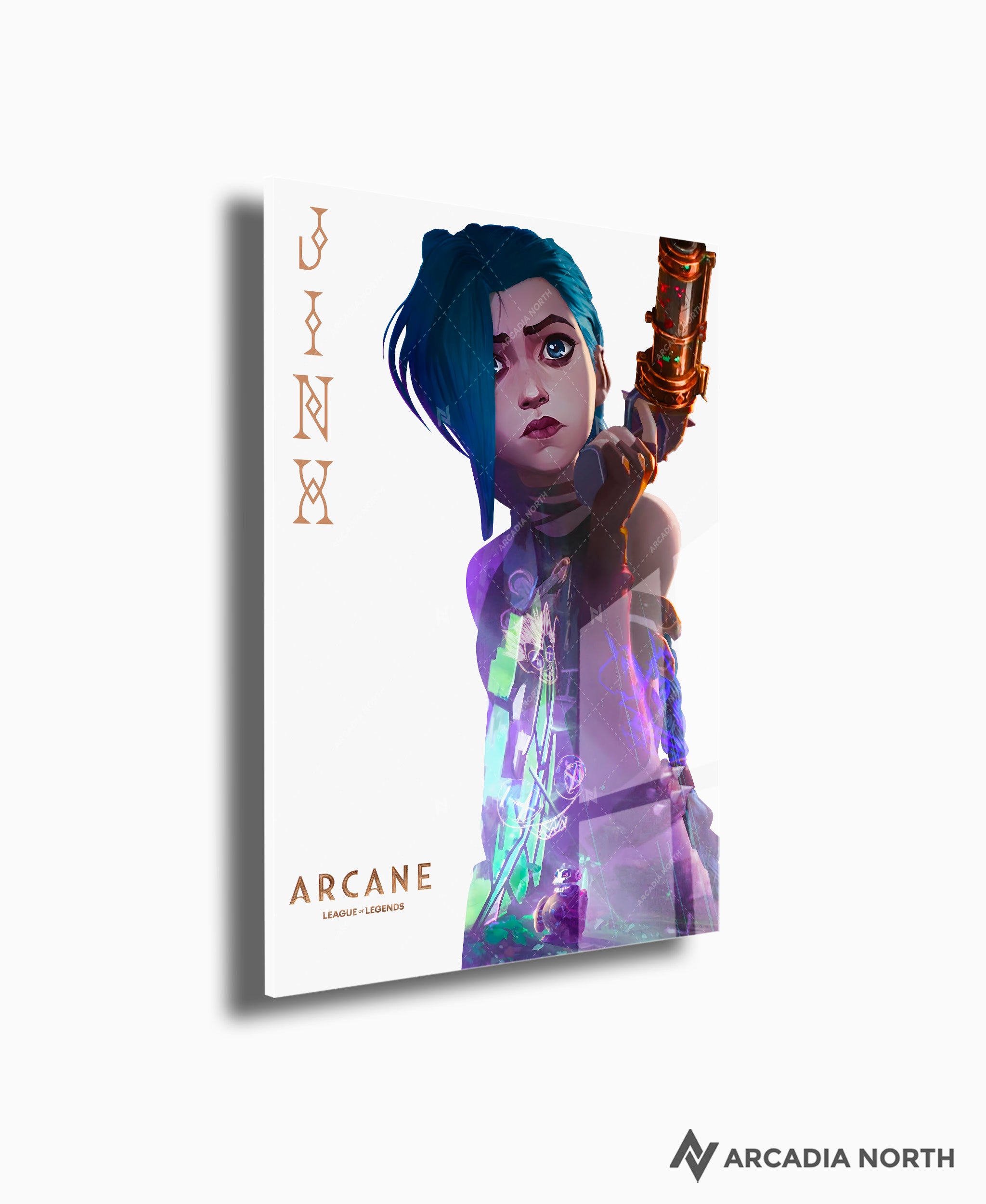 Arcane League of Legends gaming acrylic poster by Arcadia North. Jinx promotional poster. Acrylic wall art printed on acrylic.