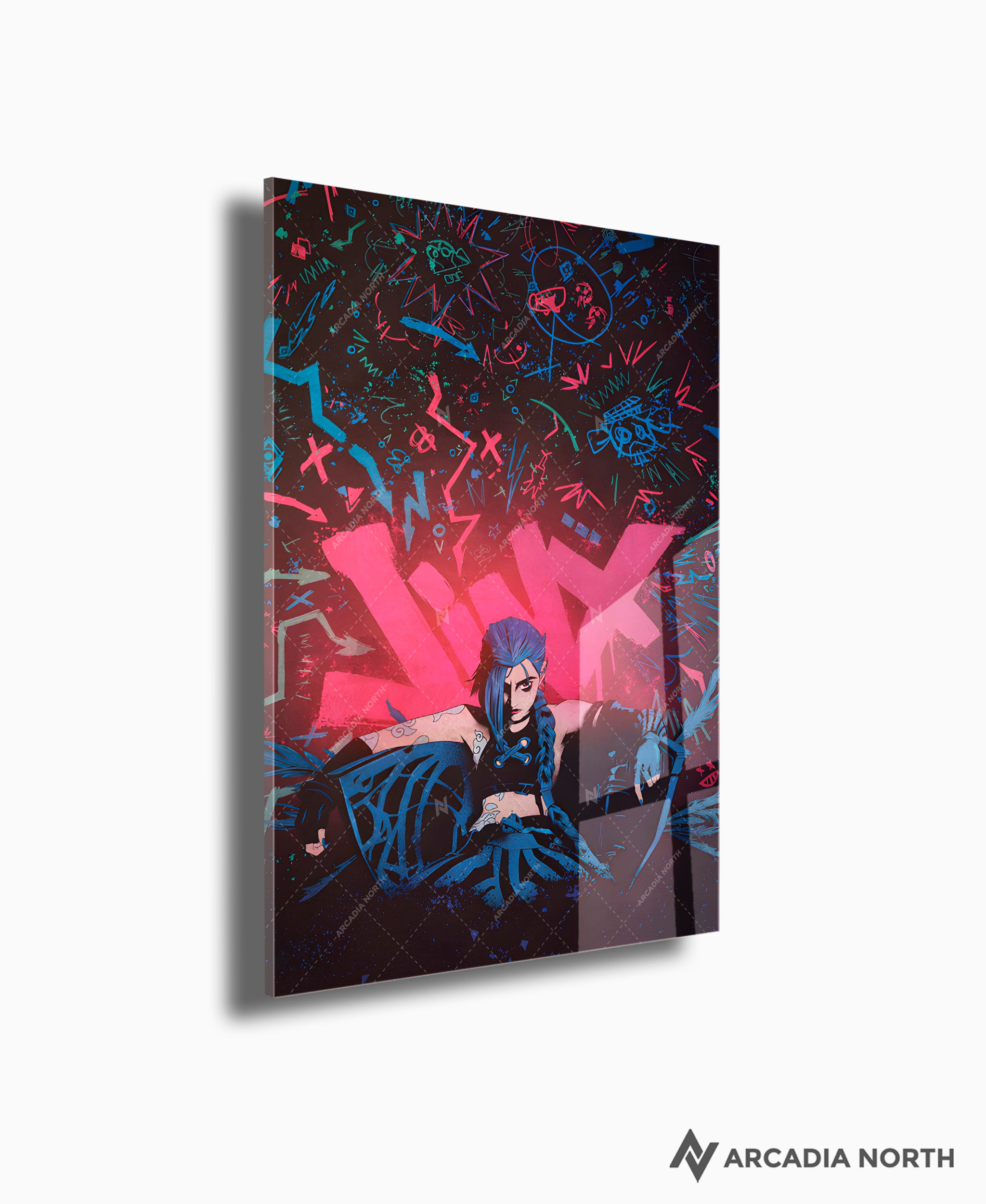 Arcane League of Legends gaming acrylic poster by Arcadia North. Jinx Graffiti. Acrylic wall art printed on acrylic.