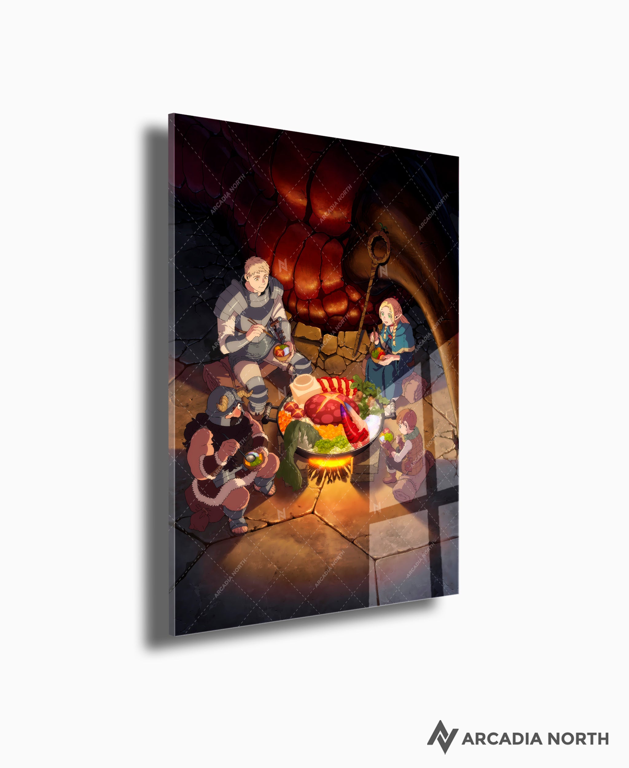 Delicious in Dungeon Dungeon Meshi anime acrylic poster by Arcadia North. Feauturing Laios' Party with the Huge Scorpion and Walking Mushroom Hotpot. Acrylic wall art printed on acrylic.