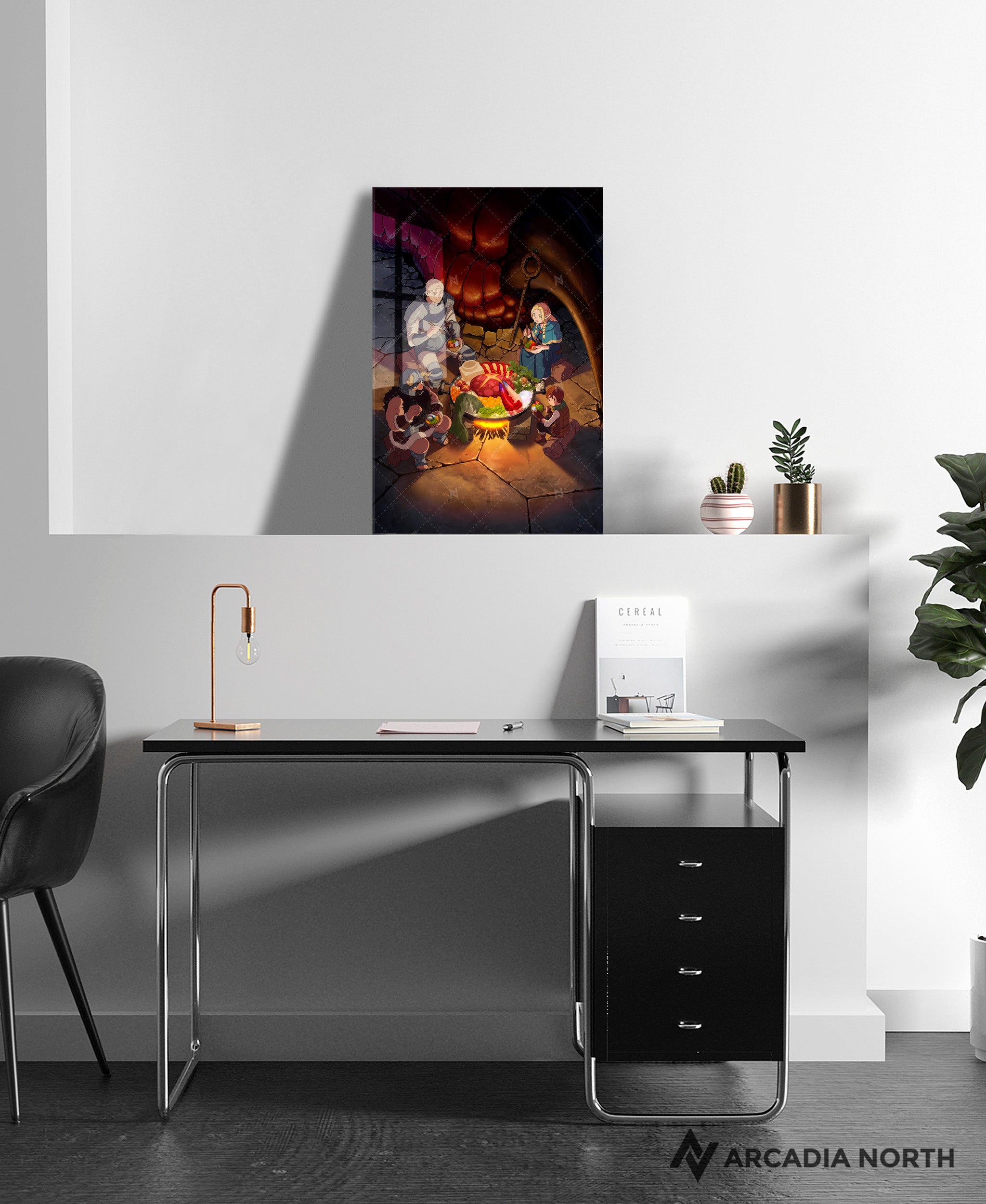 Delicious in Dungeon Dungeon Meshi anime acrylic poster by Arcadia North. Feauturing Laios' Party with the Huge Scorpion and Walking Mushroom Hotpot. Acrylic wall art printed on acrylic.