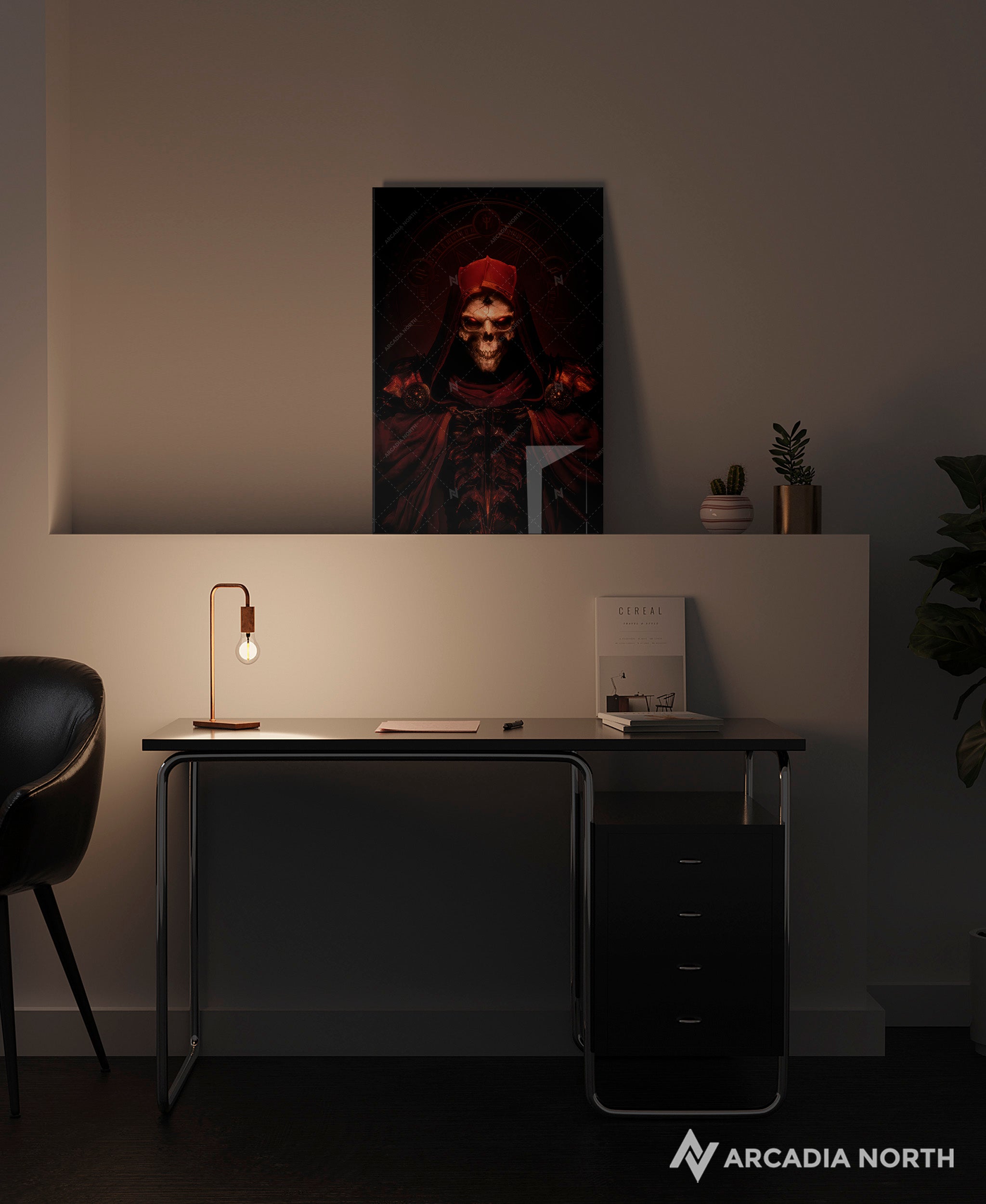 Diablo 2 gaming acrylic poster by Arcadia North. Diablo 2: Resurrected textless key art of the Dark Wanderer. Acrylic wall art printed on acrylic.