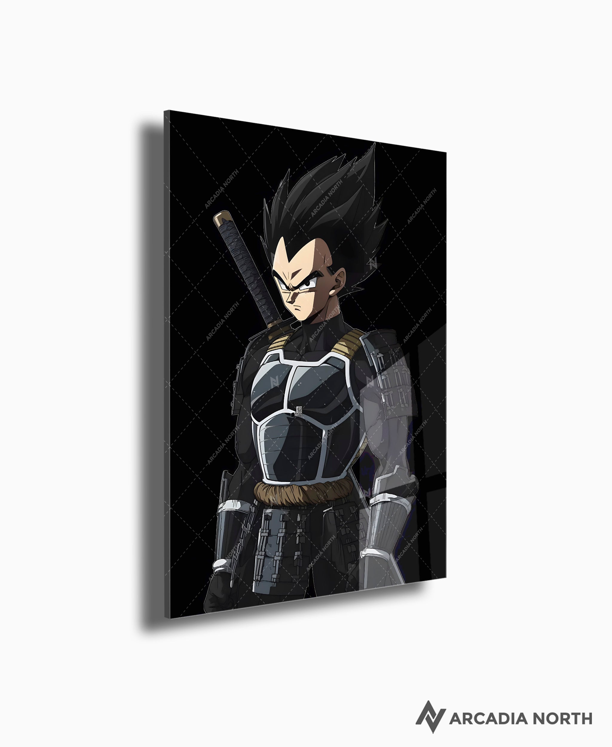 Dragon Ball anime acrylic poster by Arcadia North. Featuring Vegeta as a samurai on a black background.