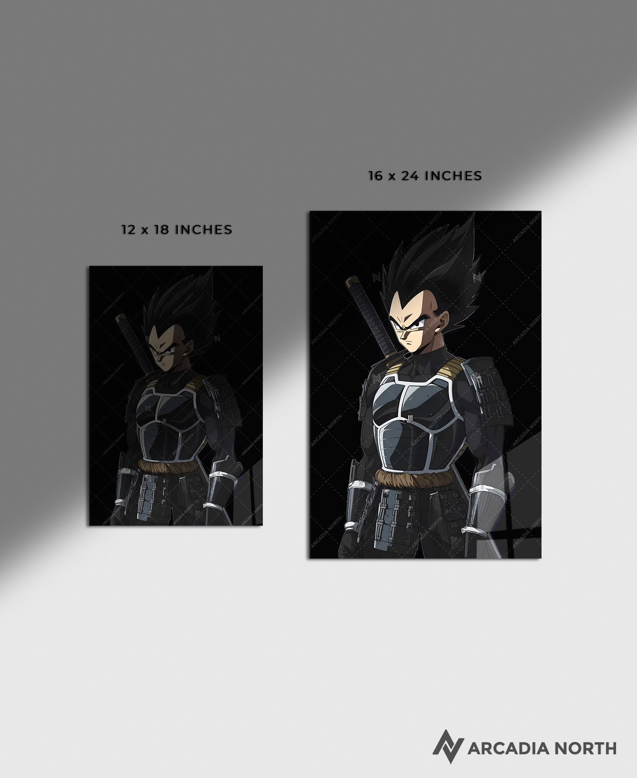 Dragon Ball anime acrylic poster by Arcadia North. Featuring Vegeta as a samurai on a black background.