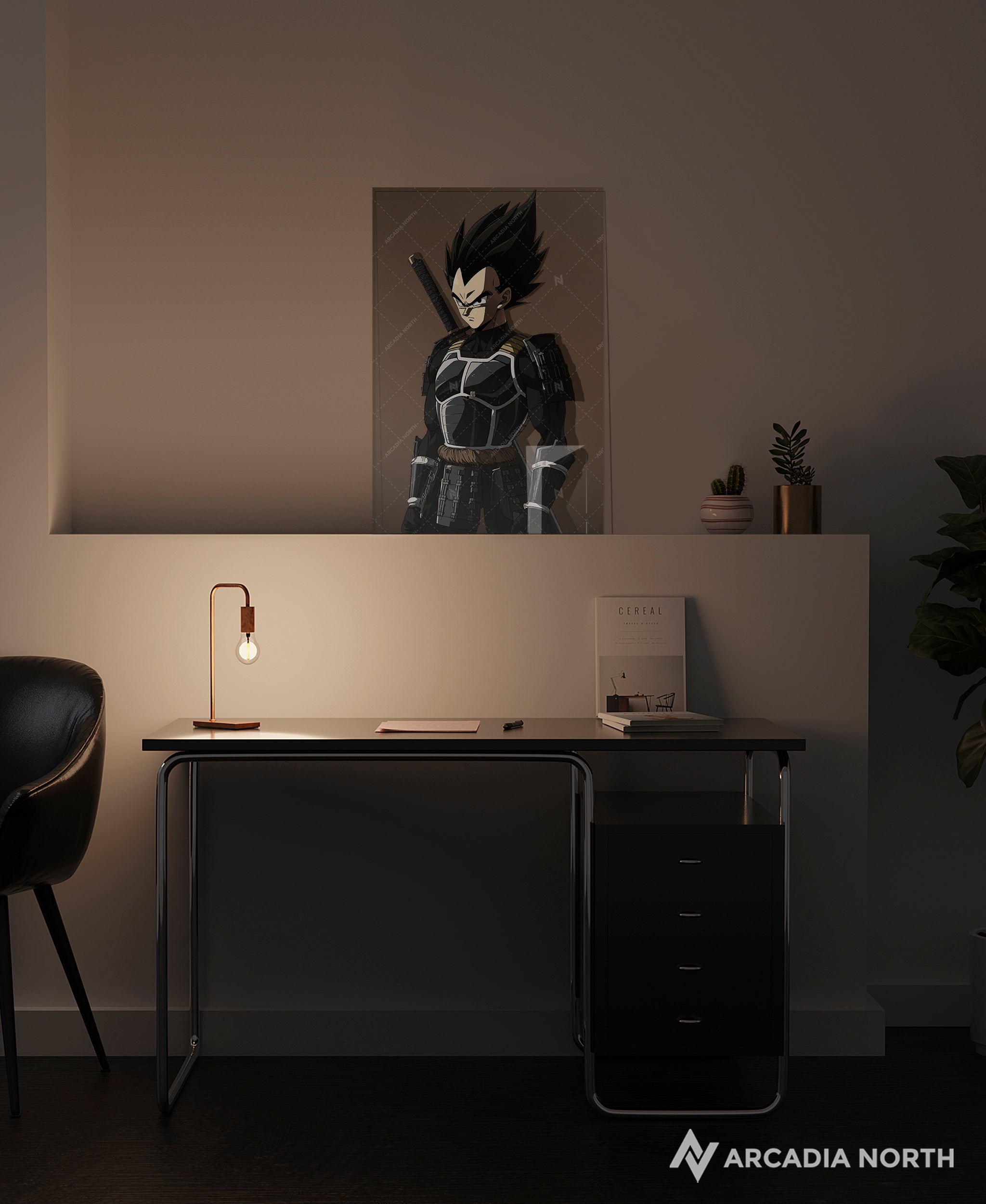 Dragon Ball anime acrylic poster by Arcadia North. Featuring Vegeta as a samurai on a transparent background.