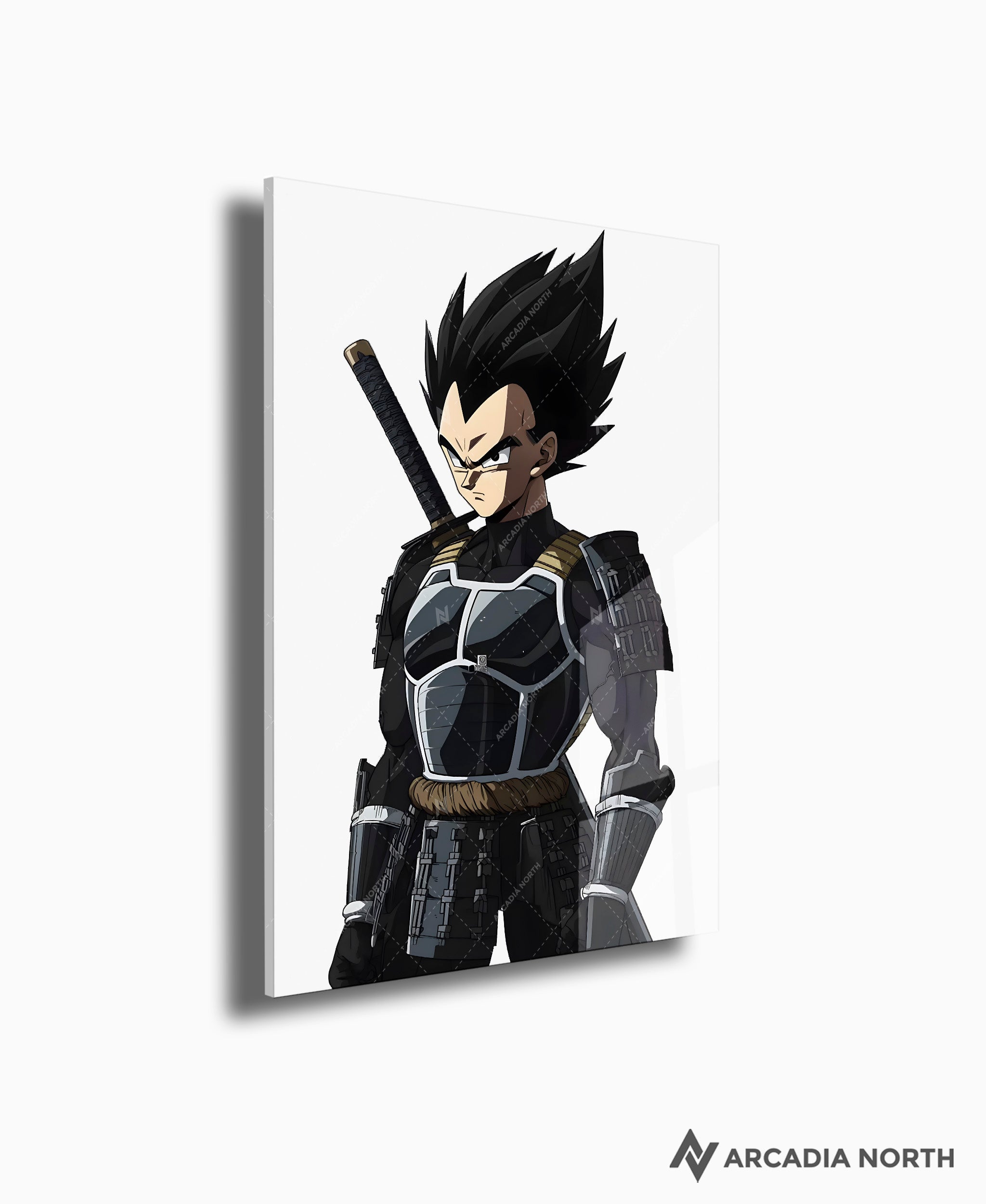 Dragon Ball anime acrylic poster by Arcadia North. Featuring Vegeta as a samurai on a white background.