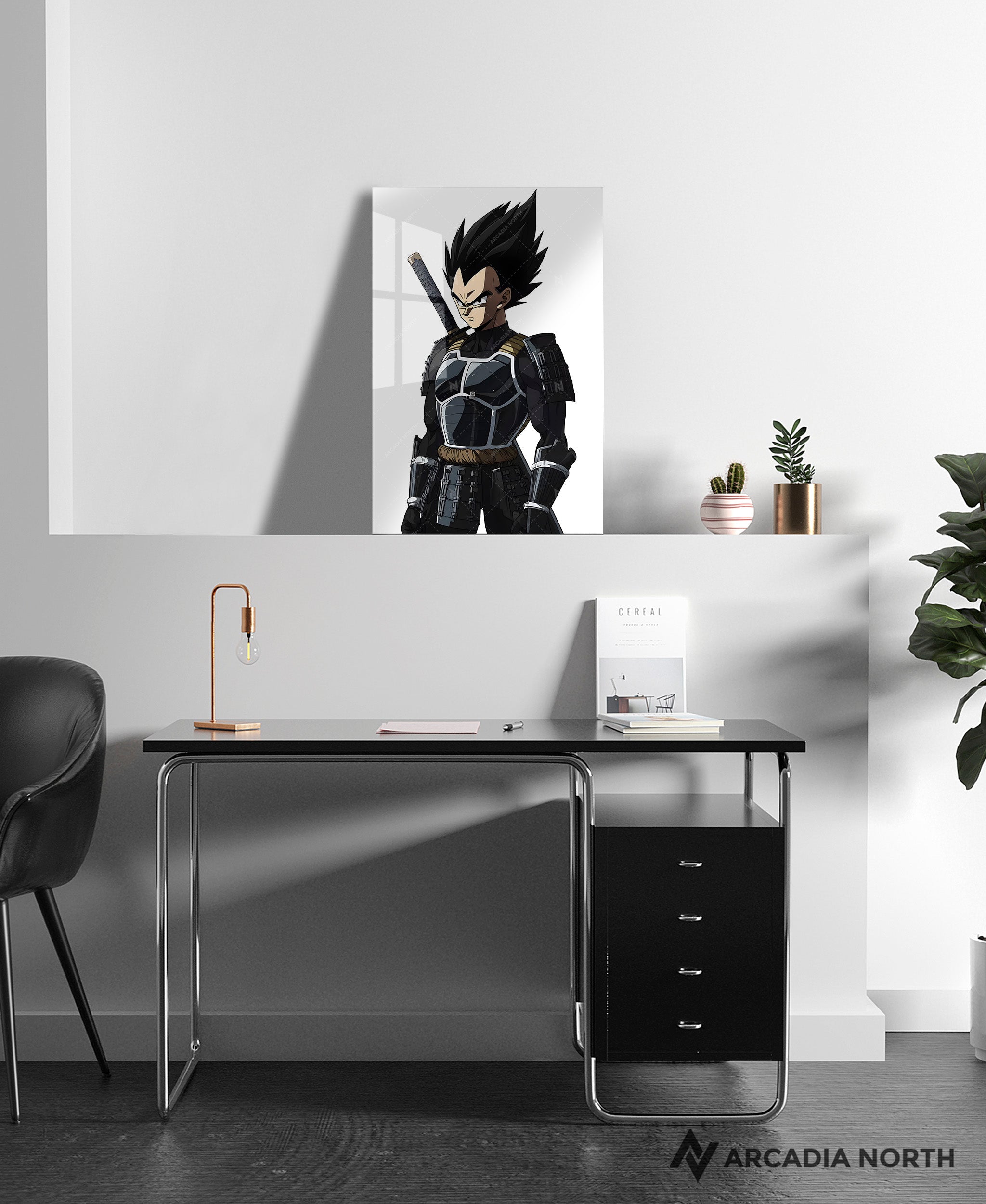 Dragon Ball anime acrylic poster by Arcadia North. Featuring Vegeta as a samurai on a white background.