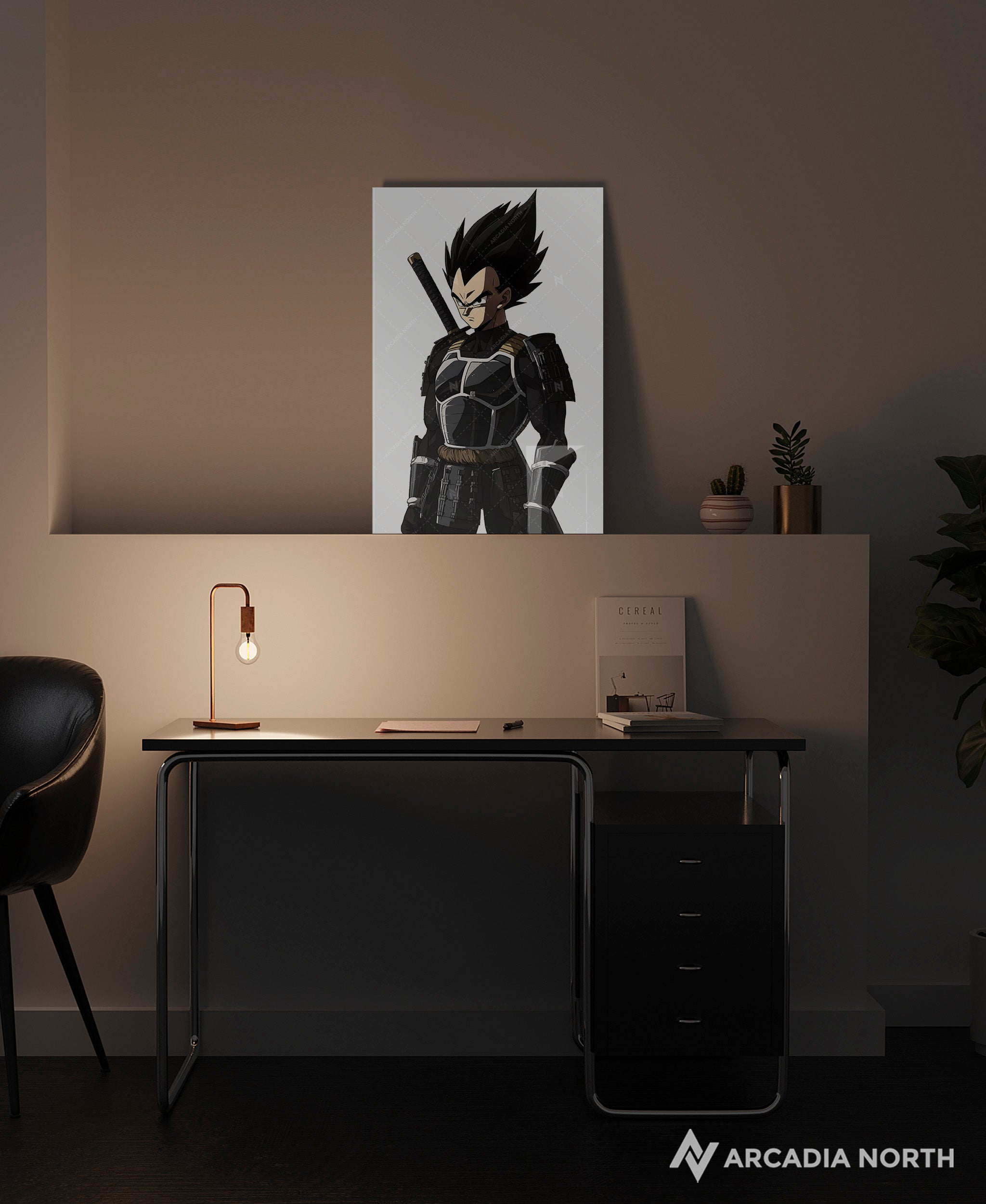 Dragon Ball anime acrylic poster by Arcadia North. Featuring Vegeta as a samurai on a white background.