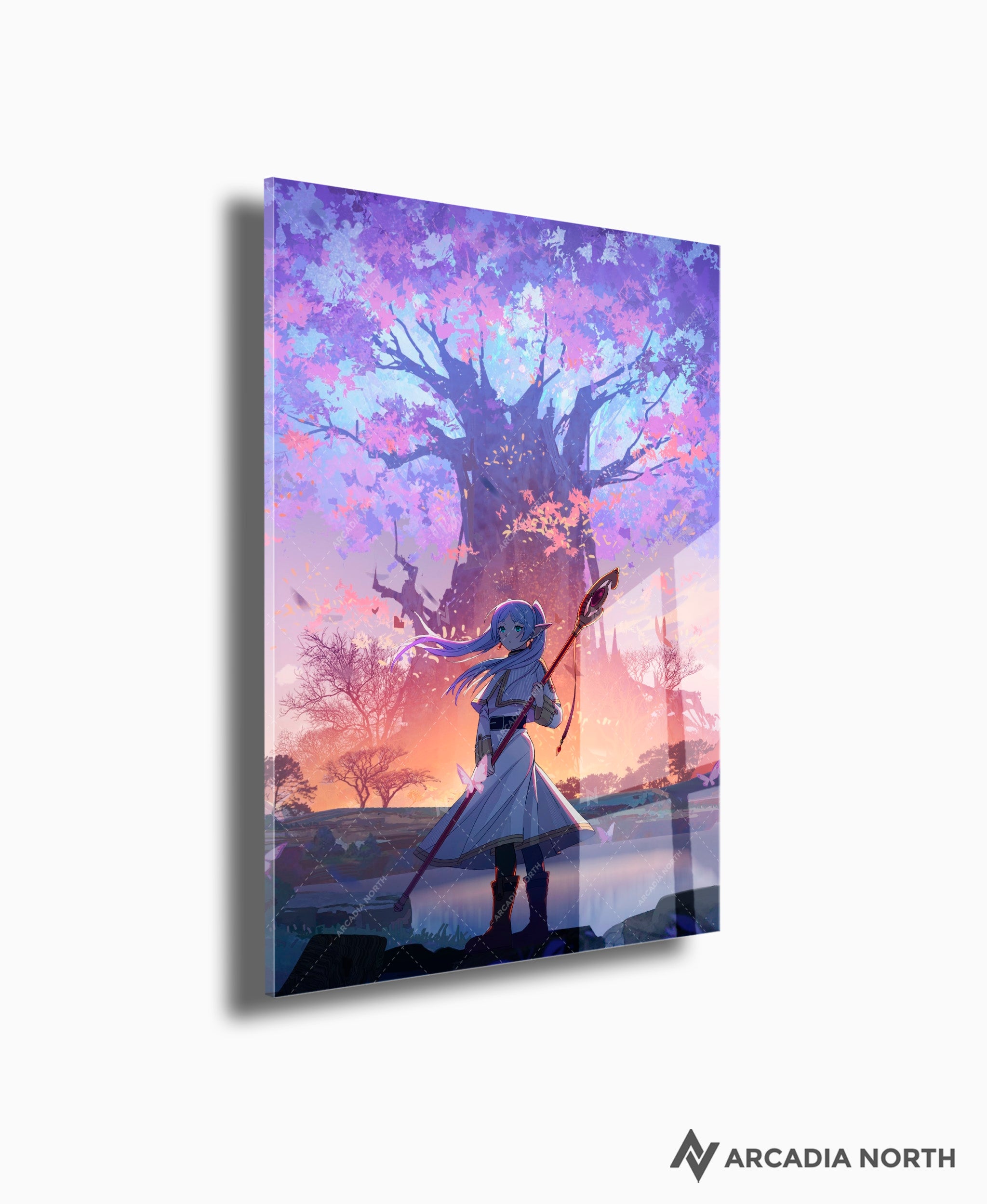 Frieren: Beyond Journey's End anime acrylic poster by Arcadia North. Feauturing Frieren with a large purple magic tree.