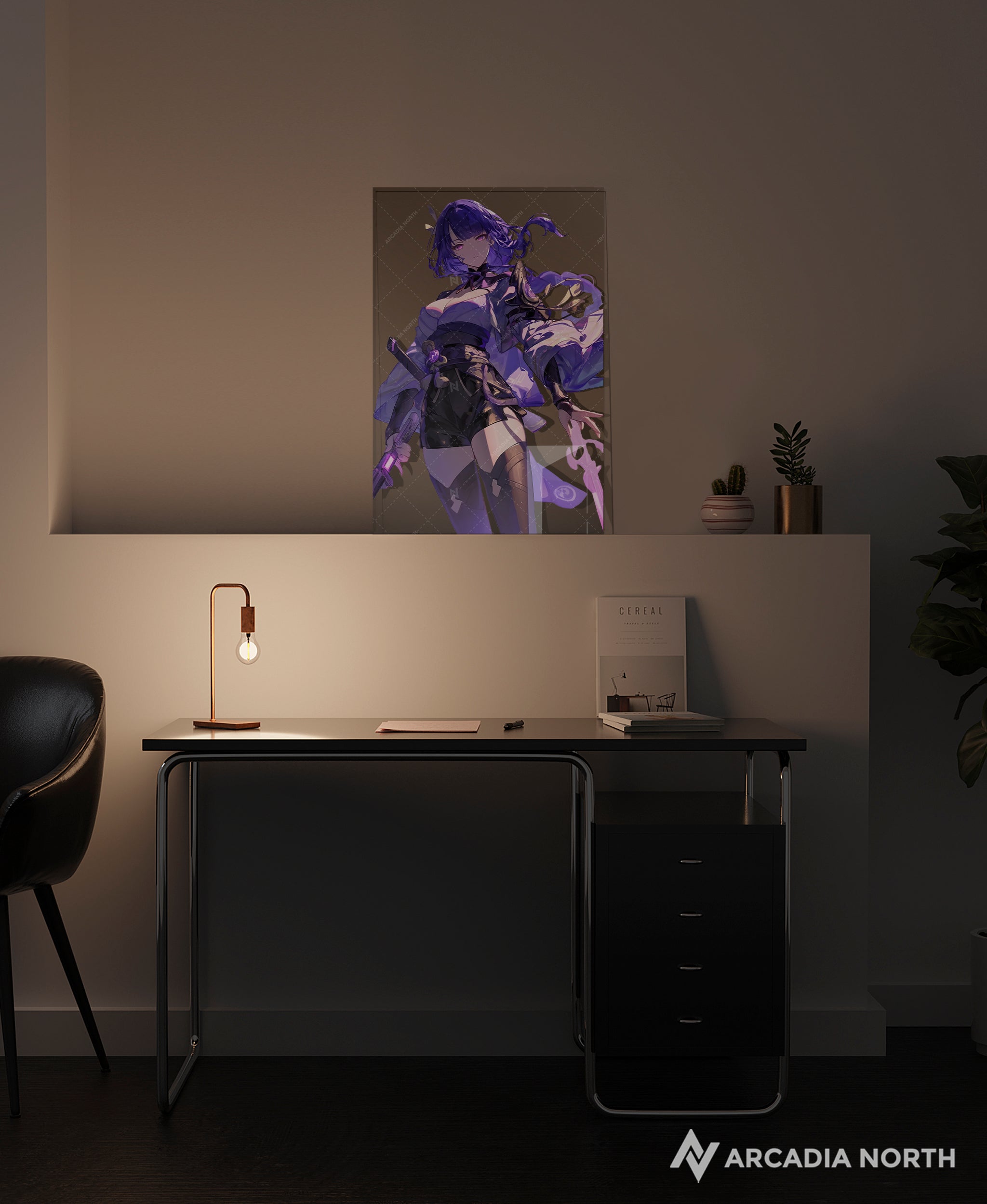 Genshin Impact gaming acrylic poster by Arcadia North. Featuring a close-up of Raiden Shogun Ei on a transparent background.