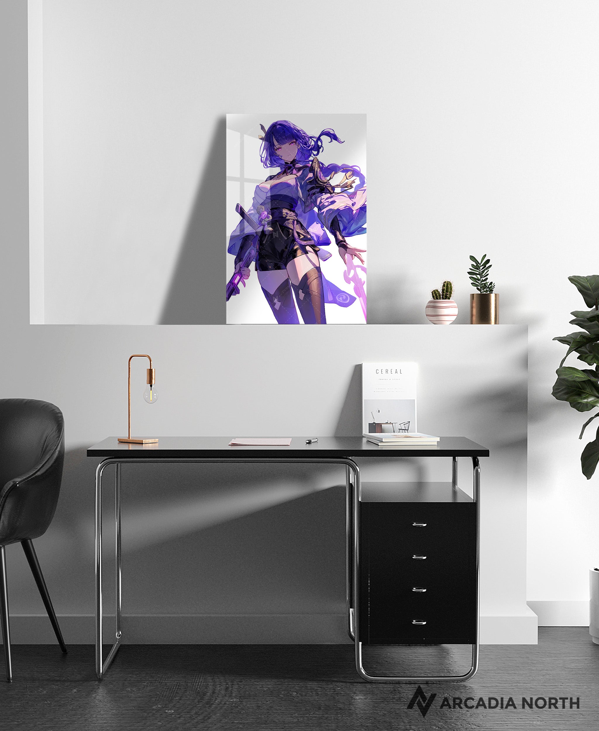 Genshin Impact gaming acrylic poster by Arcadia North. Featuring a close-up of Raiden Shogun Ei on a white background.