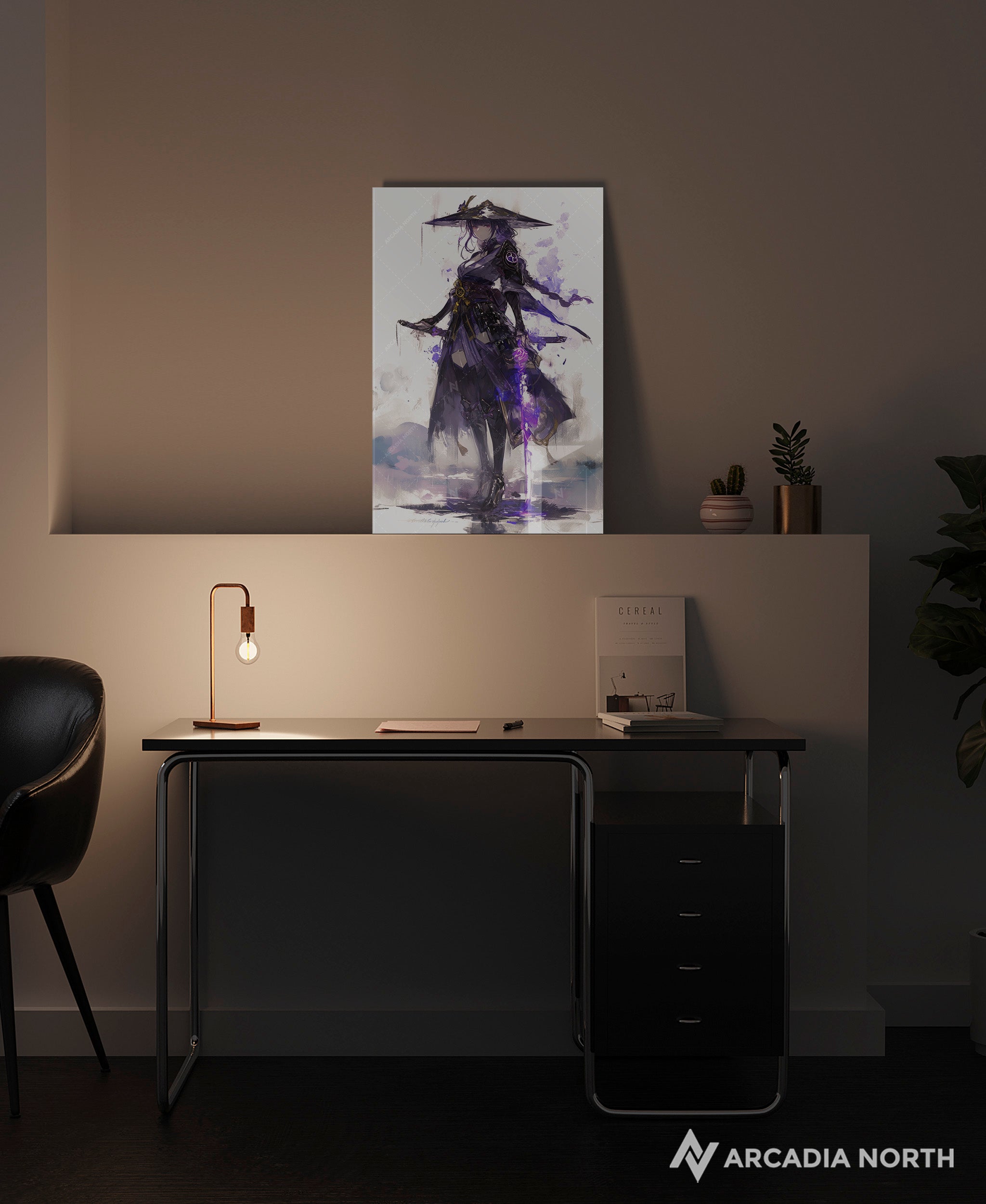 Genshin Impact gaming acrylic poster by Arcadia North. Feauturing watercolor Raiden Shogun Ei as a samurai.