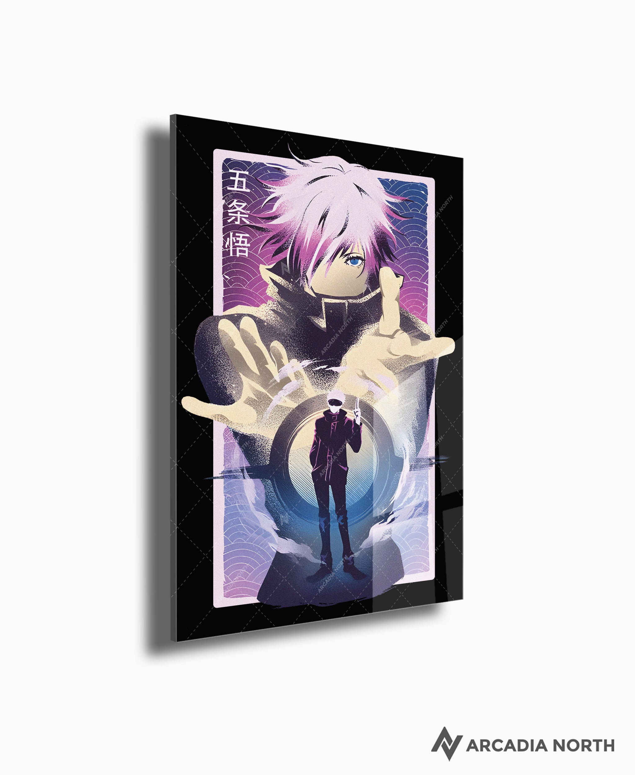 Jujutsu Kaisen anime acrylic poster by Arcadia North. Featuring Gojo Satoru Infinite Void. Black background. Acrylic wall art printed on acrylic.