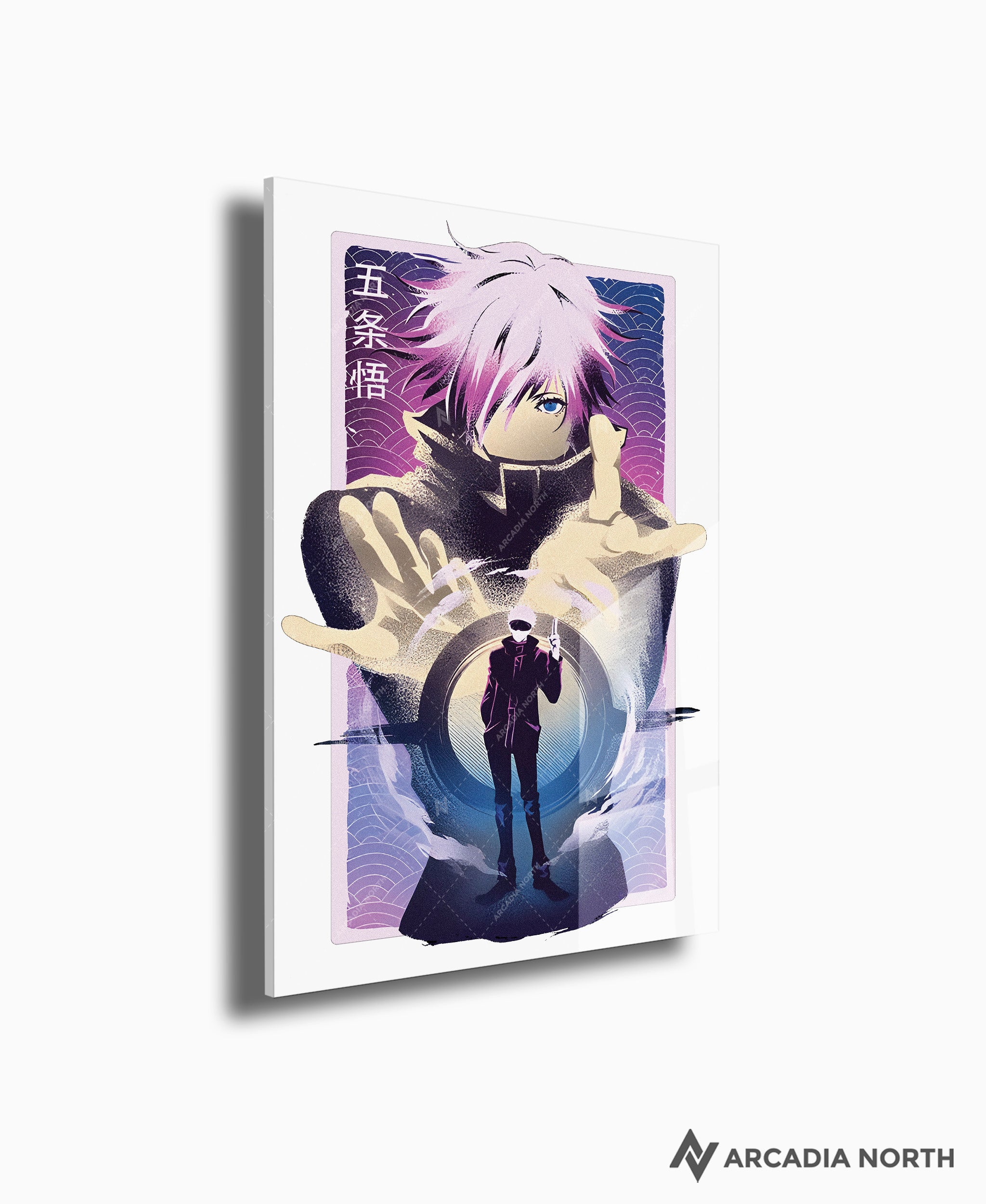 Jujutsu Kaisen anime acrylic poster by Arcadia North. Featuring Gojo Satoru Infinite Void. White background.