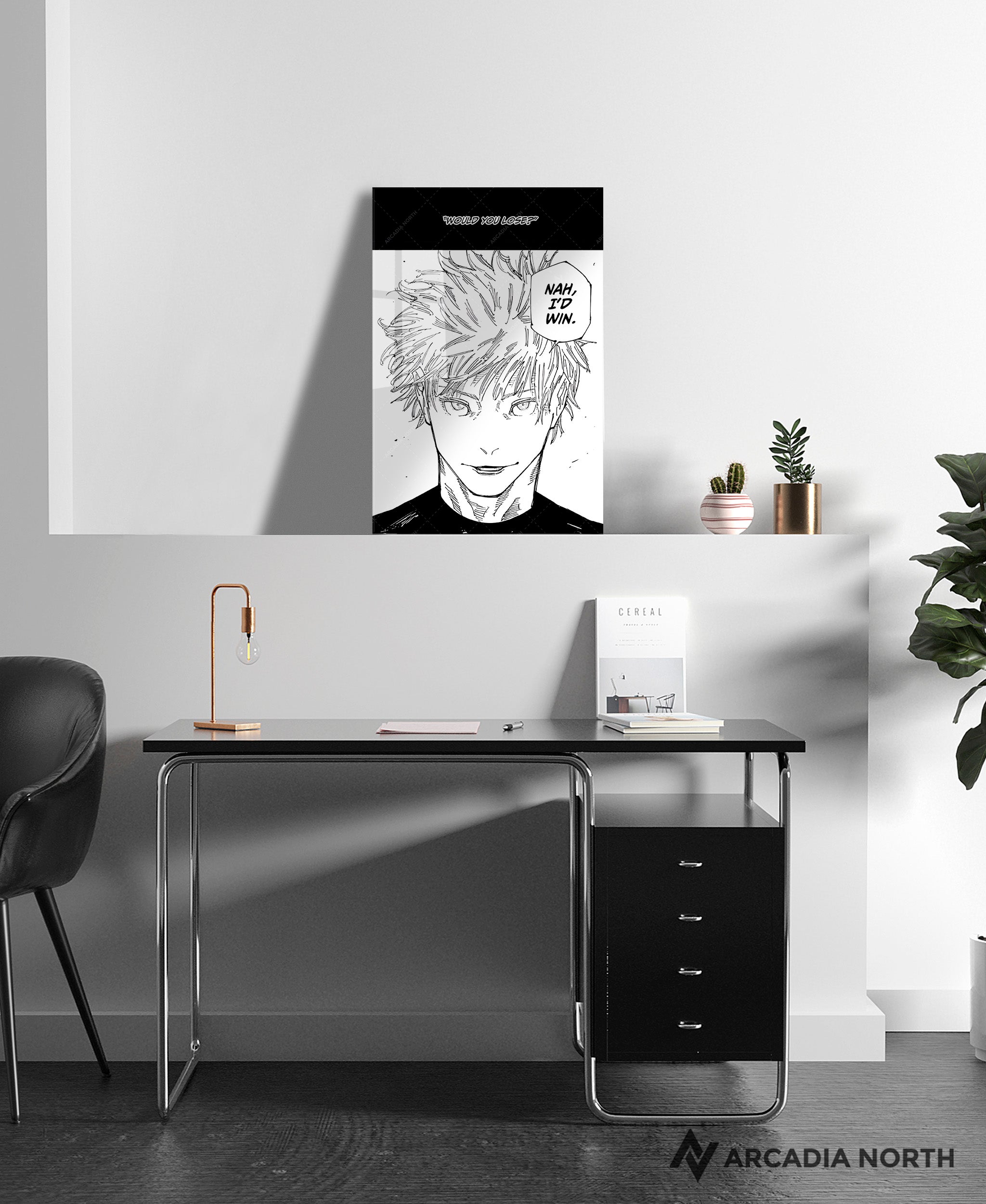 Jujutsu Kaisen anime acrylic poster by Arcadia North. Nah, I'd Win Gojo Satoru manga panel poster. Acrylic wall art printed on acrylic.