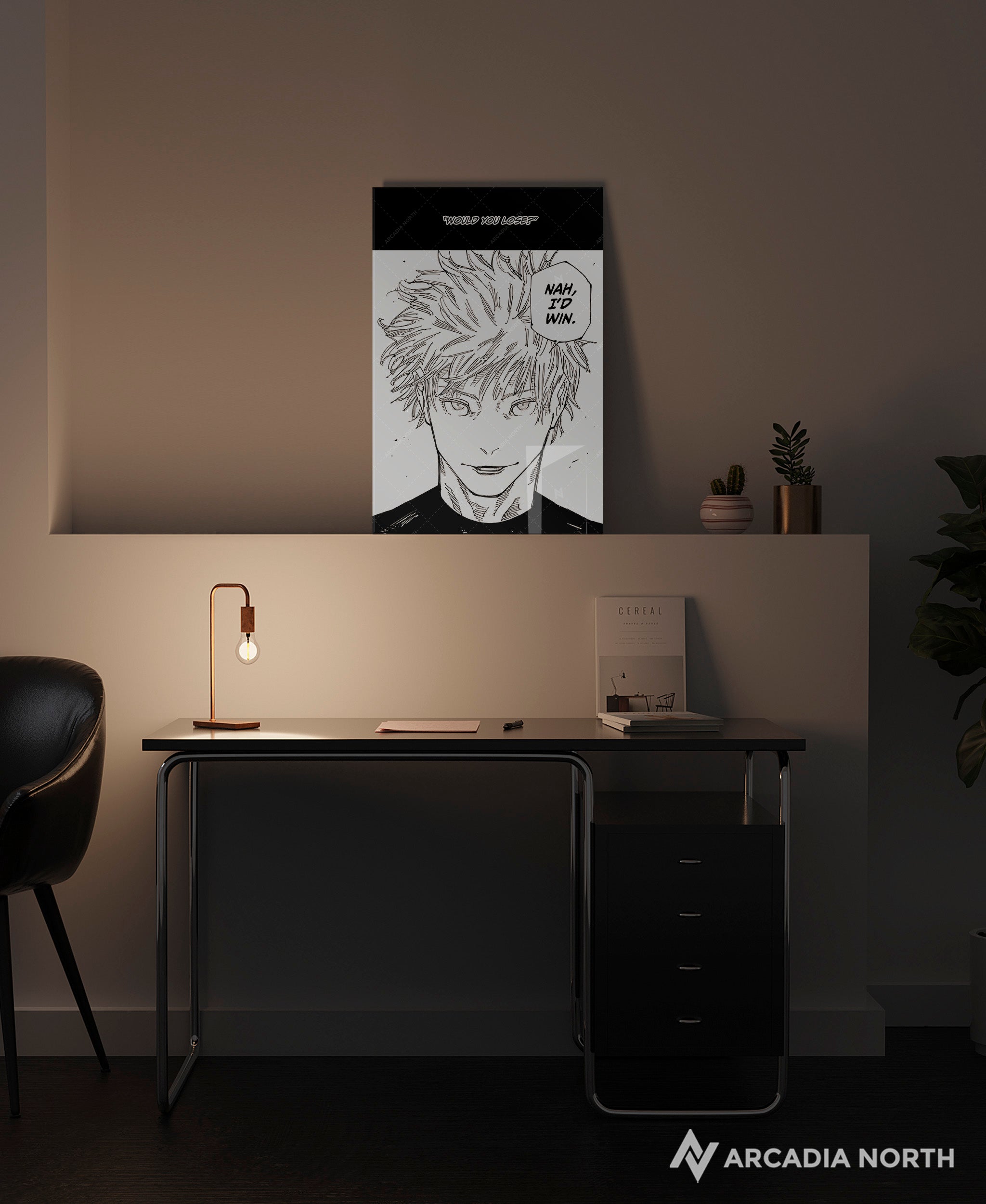 Jujutsu Kaisen anime acrylic poster by Arcadia North. Nah, I'd Win Gojo Satoru manga panel poster. Acrylic wall art printed on acrylic.