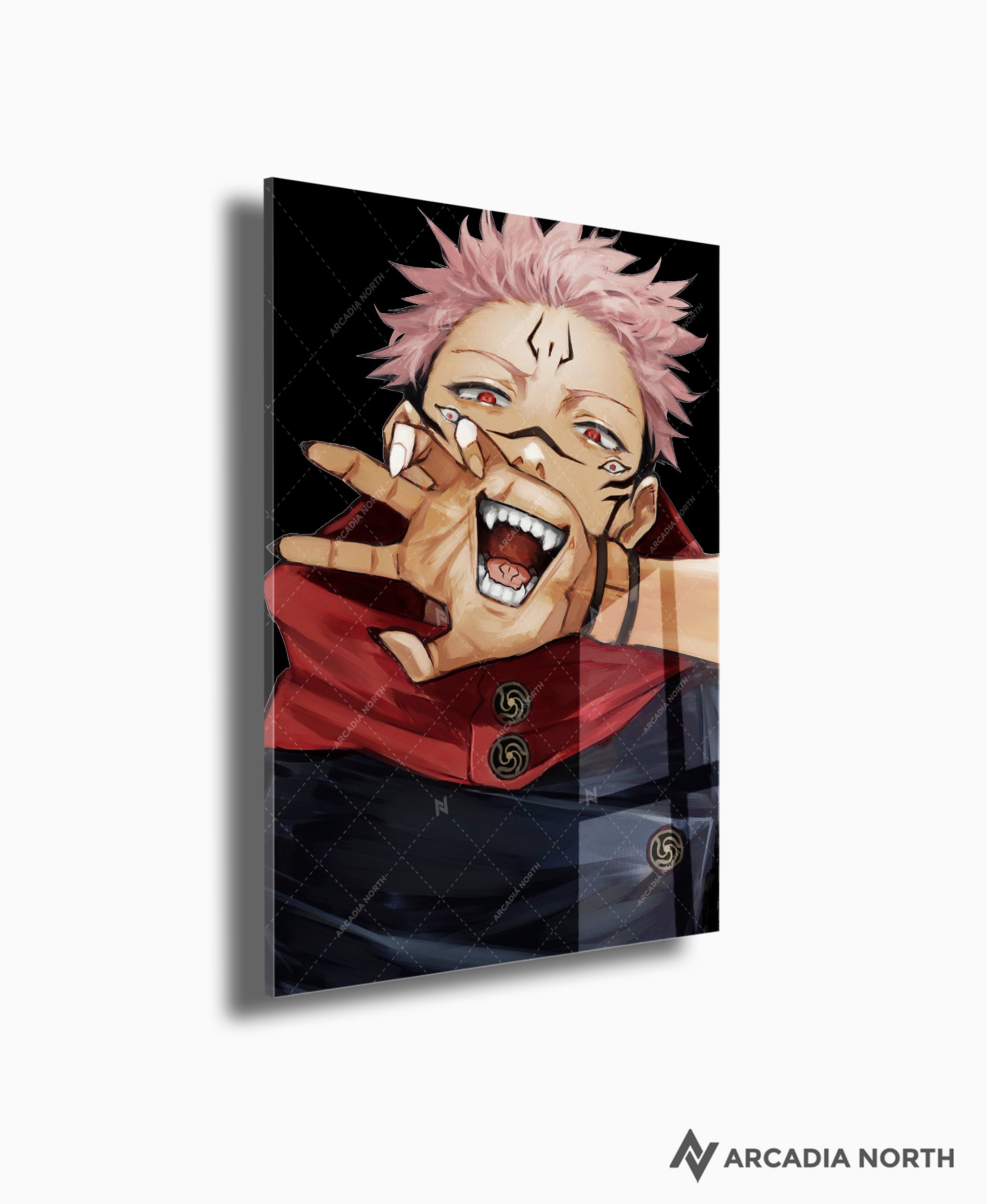 Jujutsu Kaisen anime acrylic poster by Arcadia North. Featuring a close-up of Sukuna on a black background. Acrylic wall art printed on acrylic.