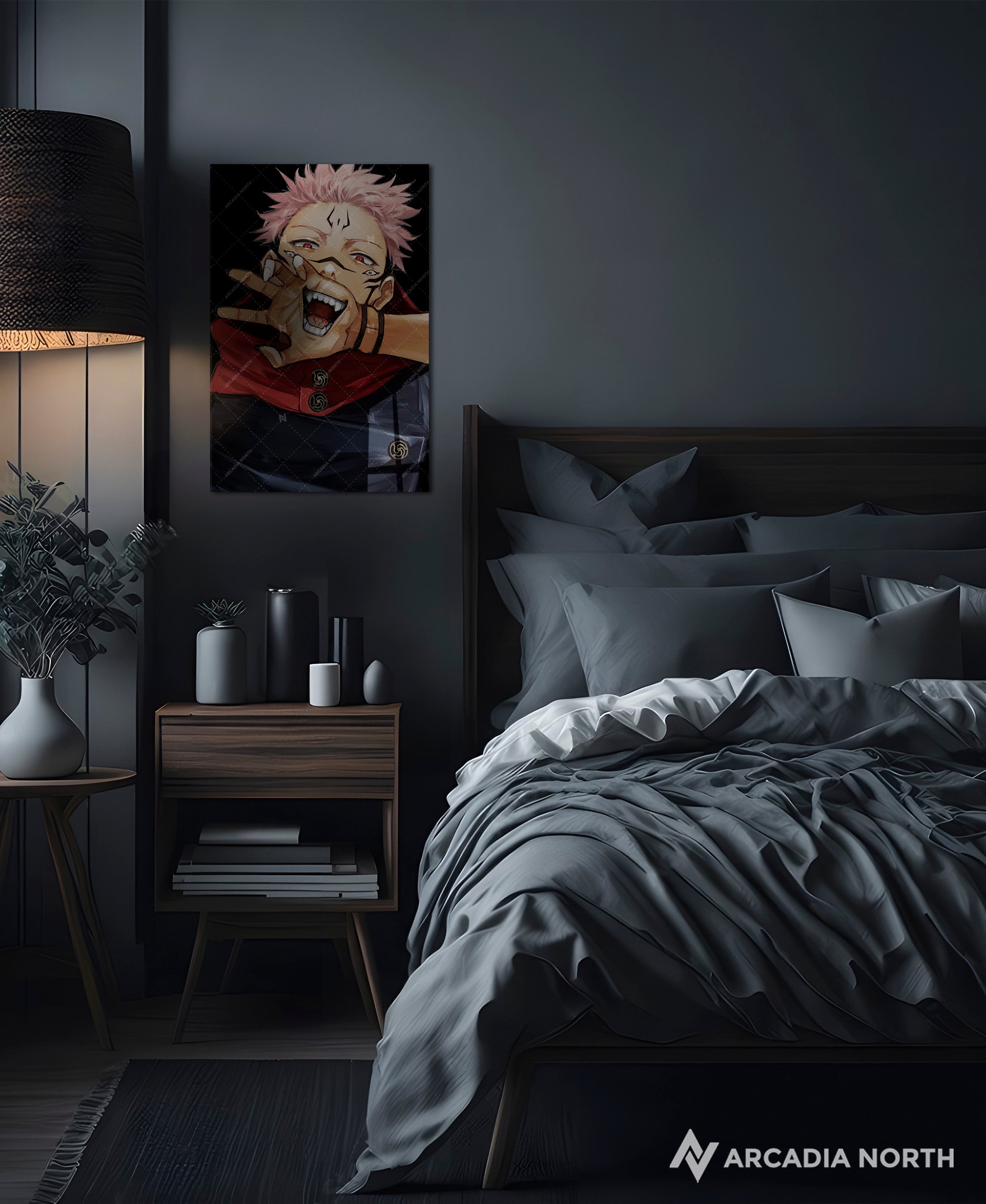 Jujutsu Kaisen anime acrylic poster by Arcadia North. Featuring a close-up of Sukuna on a black background.