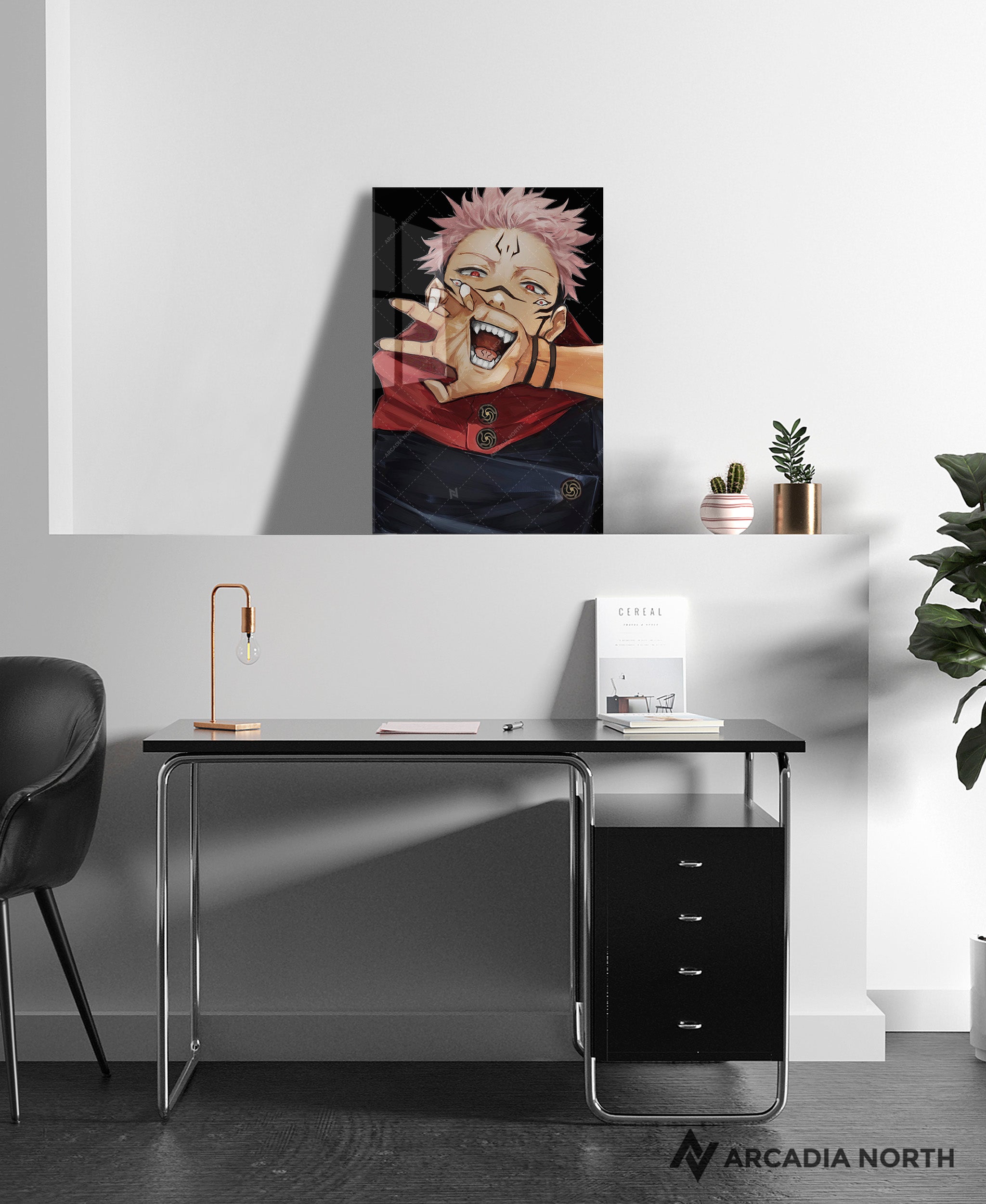 Jujutsu Kaisen anime acrylic poster by Arcadia North. Featuring a close-up of Sukuna on a black background. Acrylic wall art printed on acrylic.