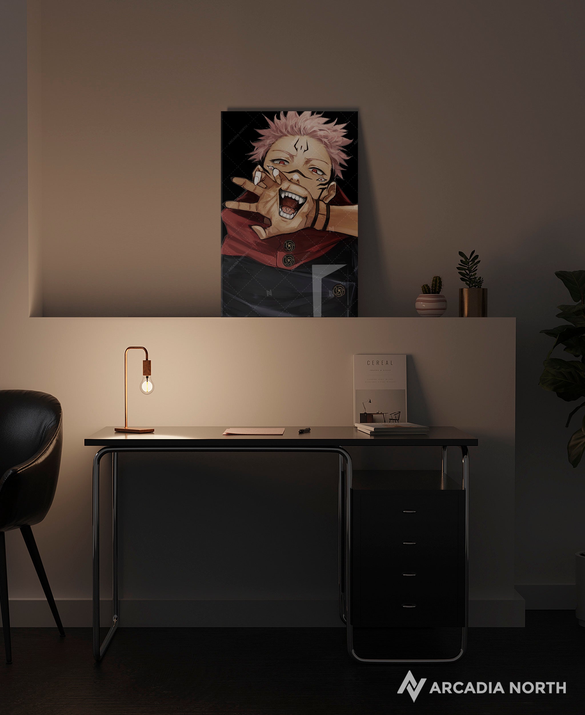 Jujutsu Kaisen anime acrylic poster by Arcadia North. Featuring a close-up of Sukuna on a black background. Acrylic wall art printed on acrylic.