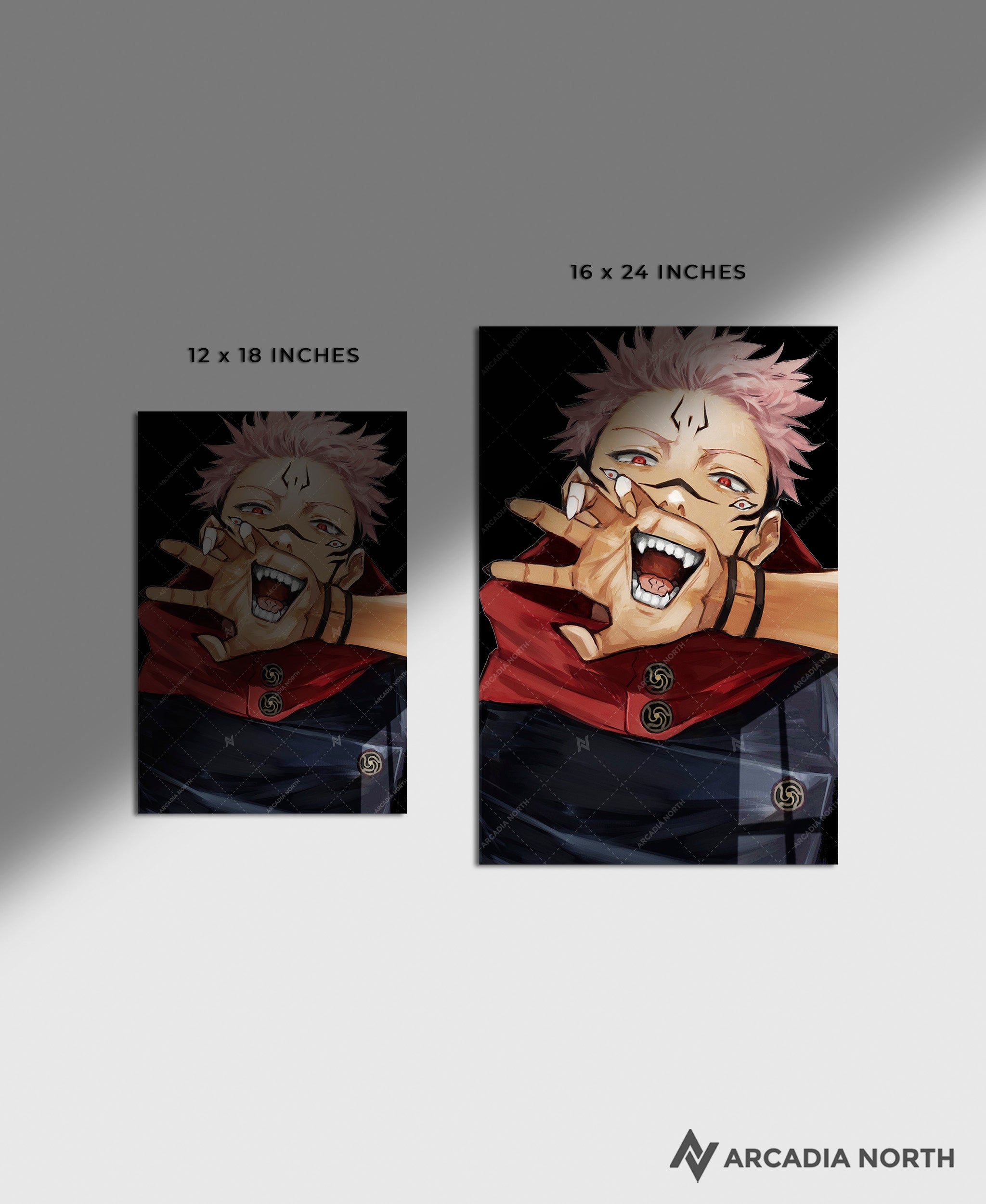 Jujutsu Kaisen anime acrylic poster by Arcadia North. Featuring a close-up of Sukuna on a black background. Acrylic wall art printed on acrylic.