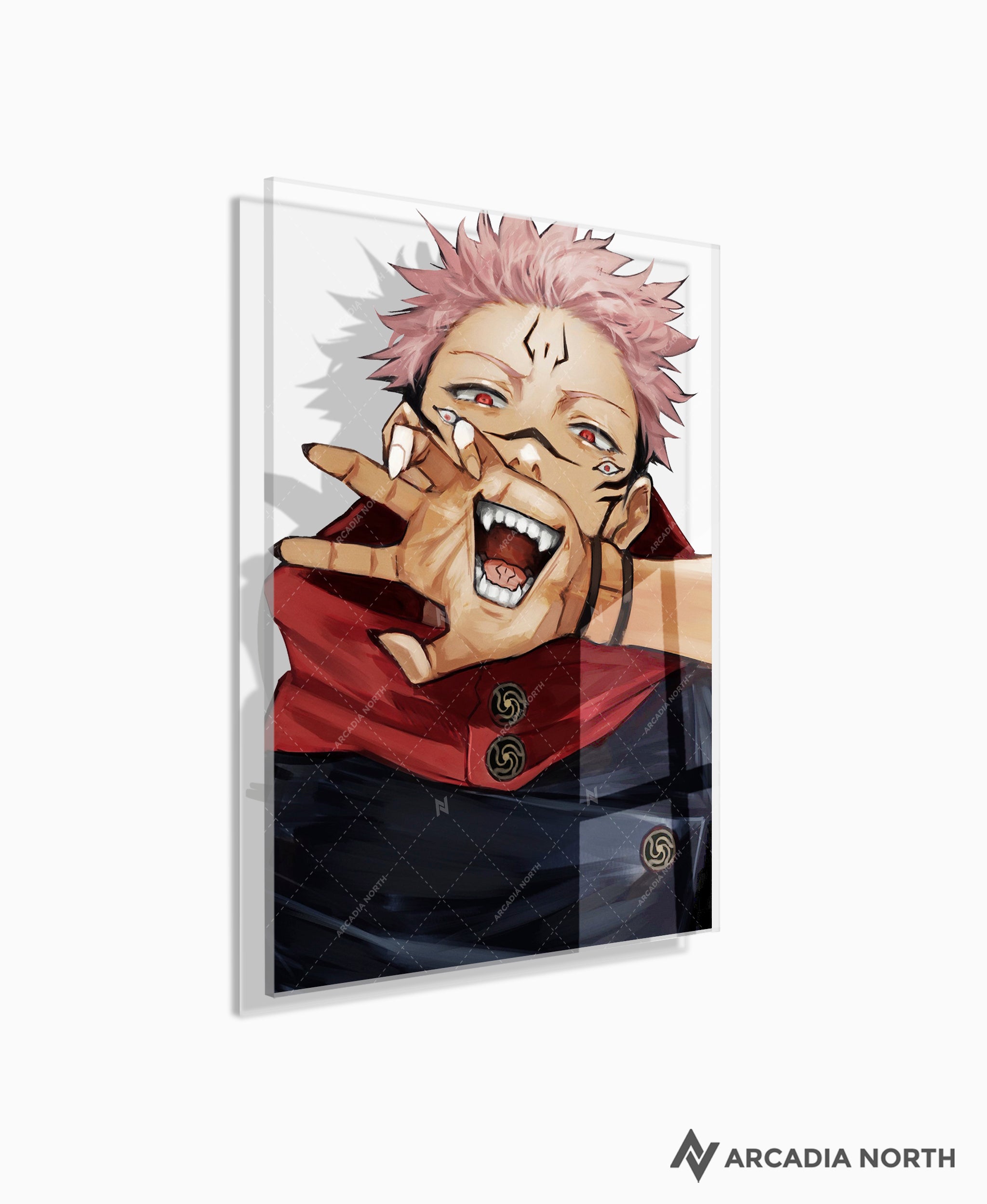 Jujutsu Kaisen anime acrylic poster by Arcadia North. Featuring a close-up of Sukuna on a transparent background. Acrylic wall art printed on acrylic.