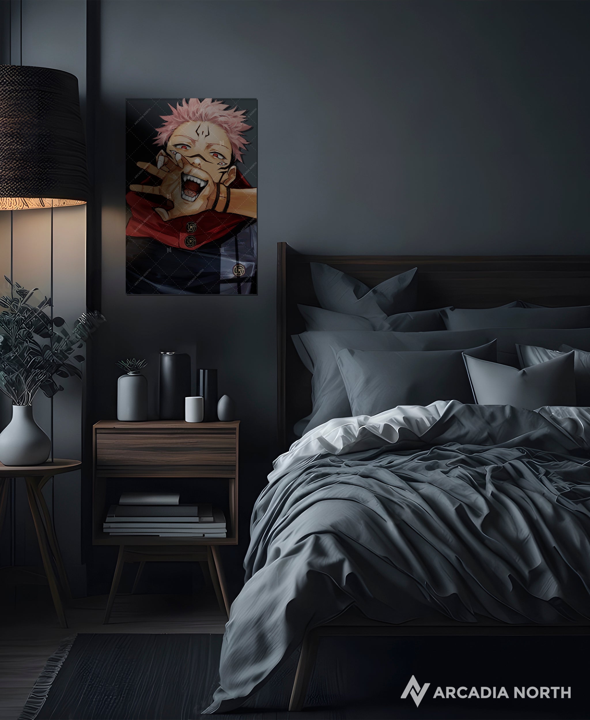 Jujutsu Kaisen anime acrylic poster by Arcadia North. Featuring a close-up of Sukuna on a transparent background. Acrylic wall art printed on acrylic.