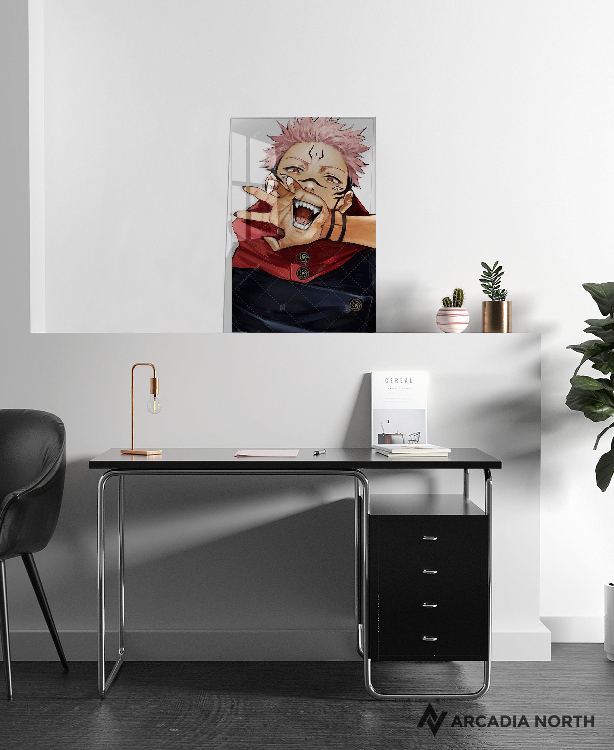 Jujutsu Kaisen anime acrylic poster by Arcadia North. Featuring a close-up of Sukuna on a transparent background.