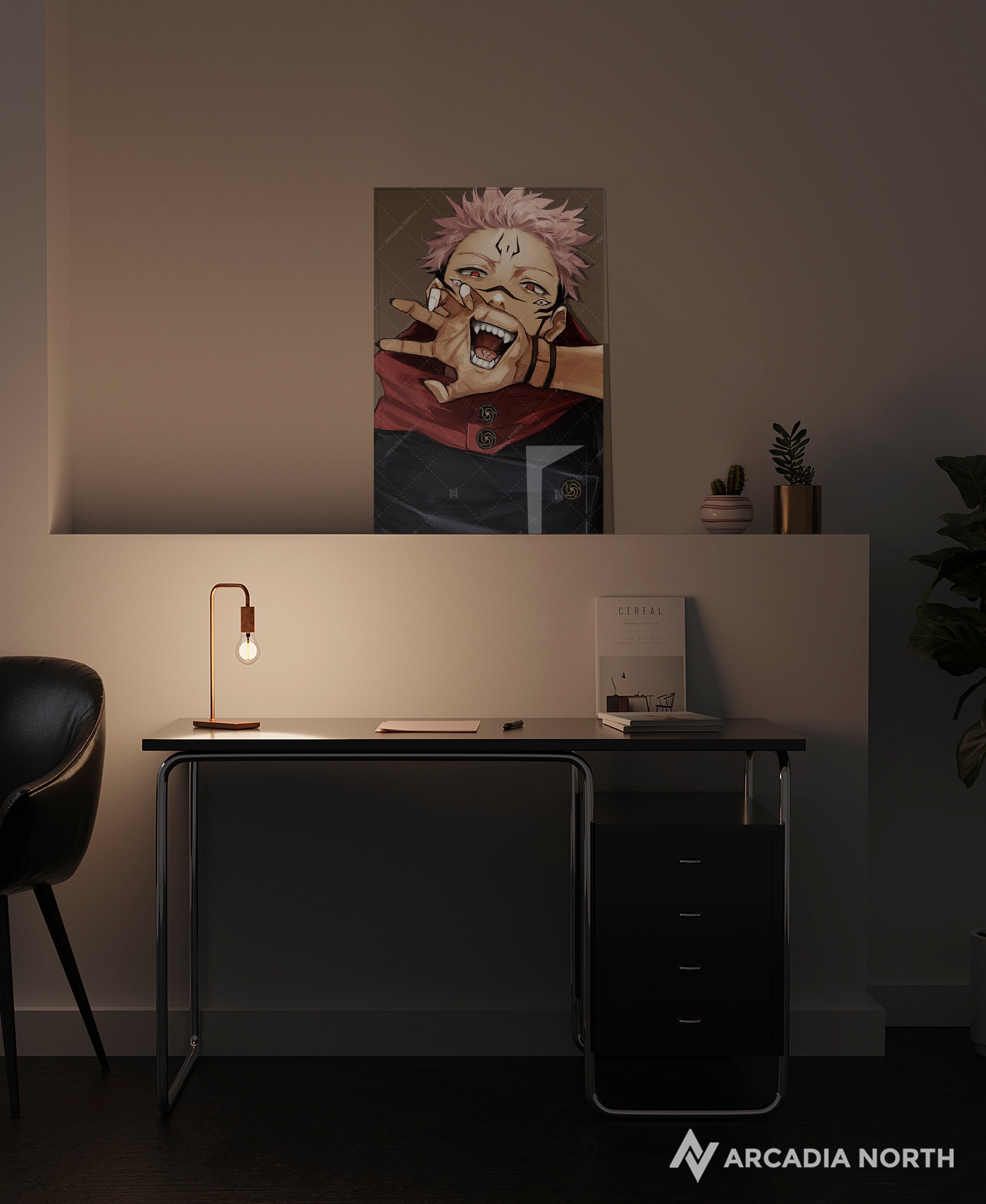 Jujutsu Kaisen anime acrylic poster by Arcadia North. Featuring a close-up of Sukuna on a transparent background.