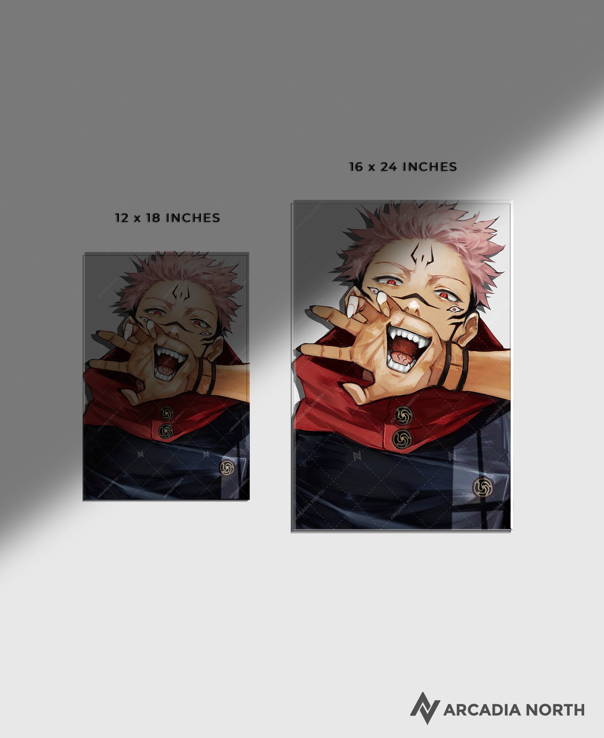 Jujutsu Kaisen anime acrylic poster by Arcadia North. Featuring a close-up of Sukuna on a transparent background. Acrylic wall art printed on acrylic.