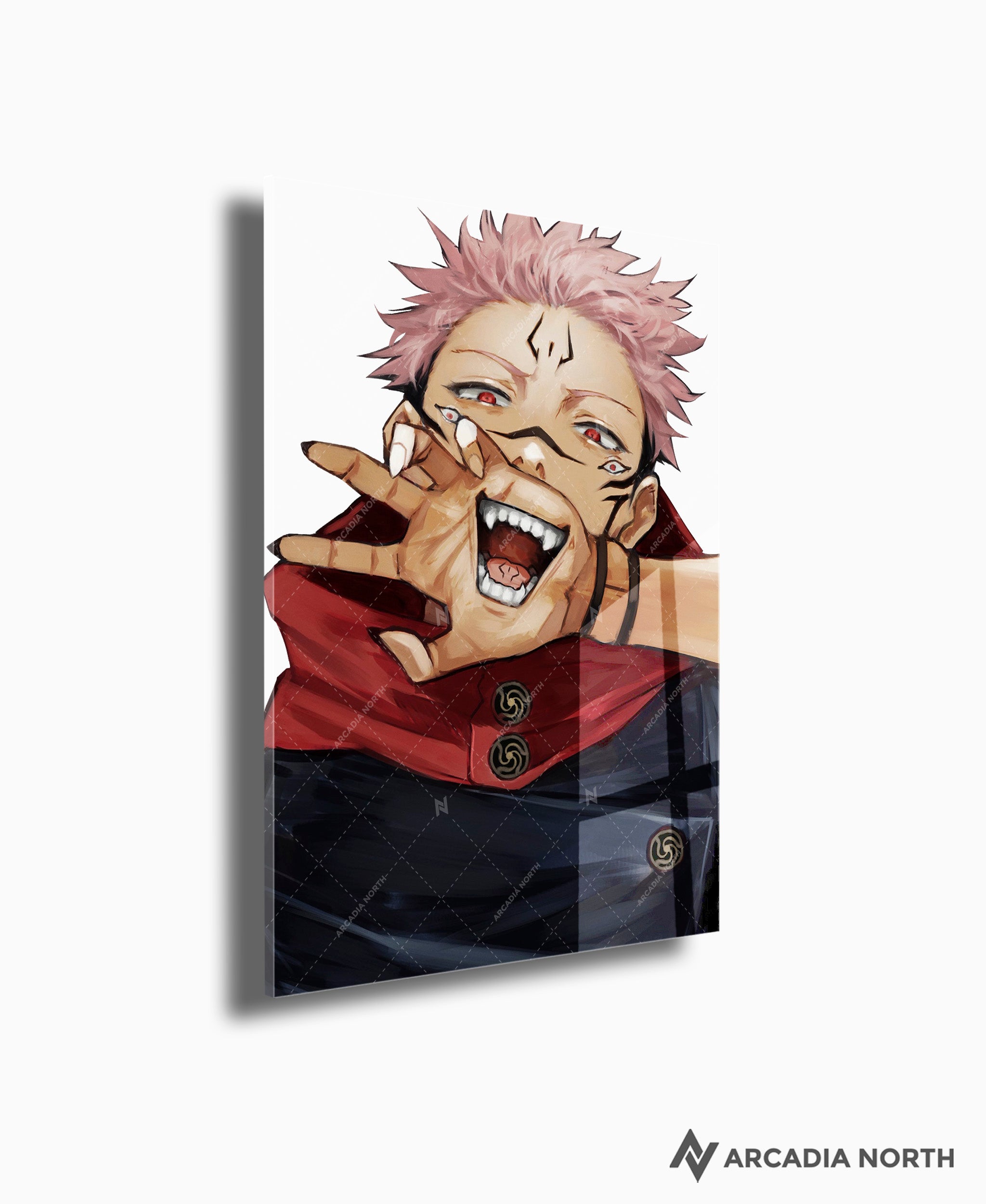 Jujutsu Kaisen anime acrylic poster by Arcadia North. Featuring a close-up of Sukuna on a white background. Acrylic wall art printed on acrylic.