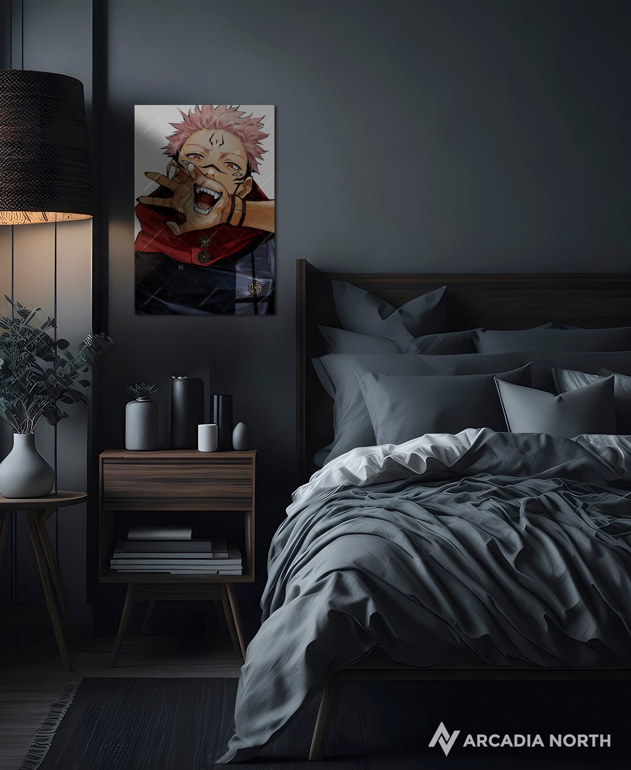 Jujutsu Kaisen anime acrylic poster by Arcadia North. Featuring a close-up of Sukuna on a white background. Acrylic wall art printed on acrylic.