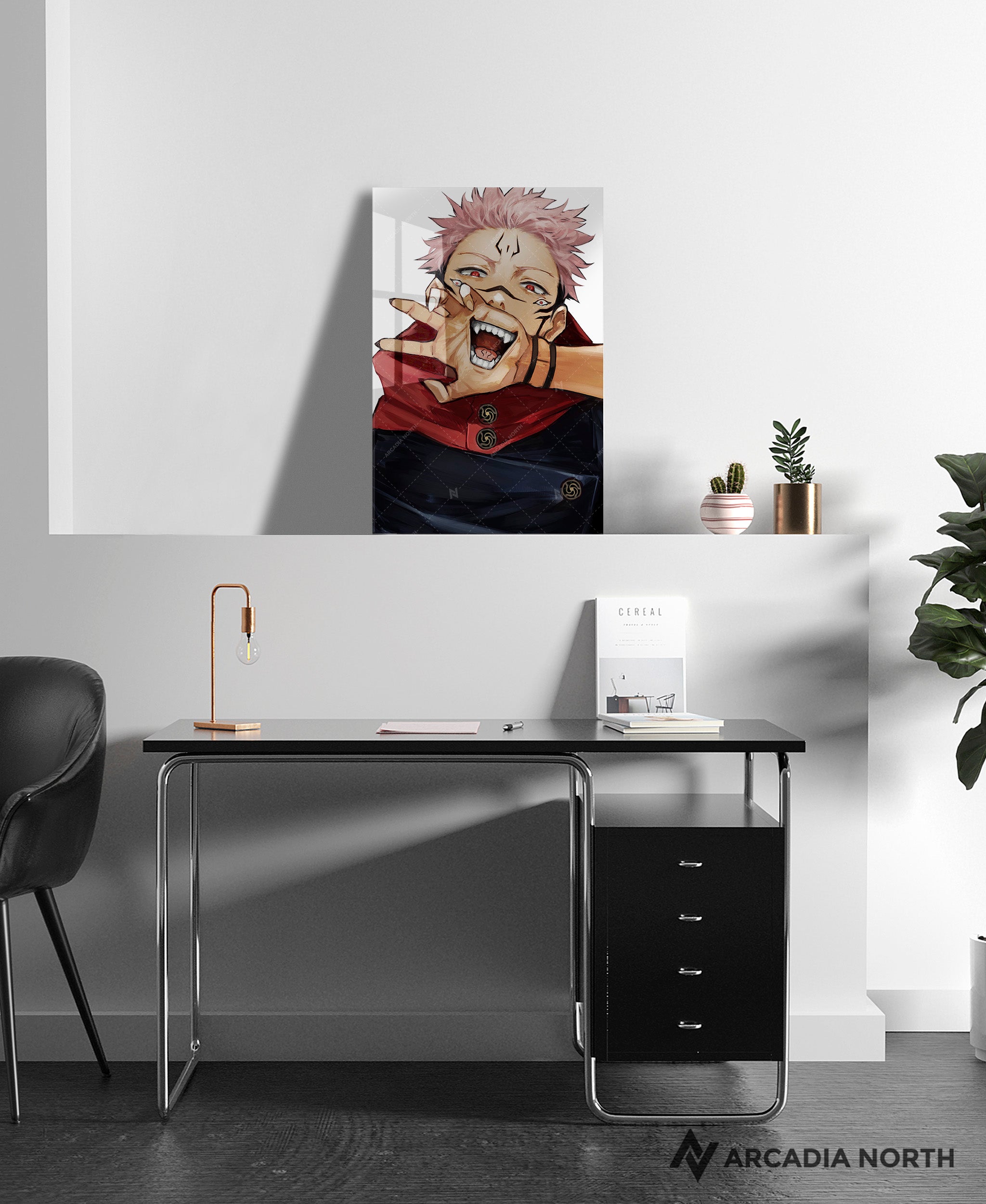 Jujutsu Kaisen anime acrylic poster by Arcadia North. Featuring a close-up of Sukuna on a white background. Acrylic wall art printed on acrylic.