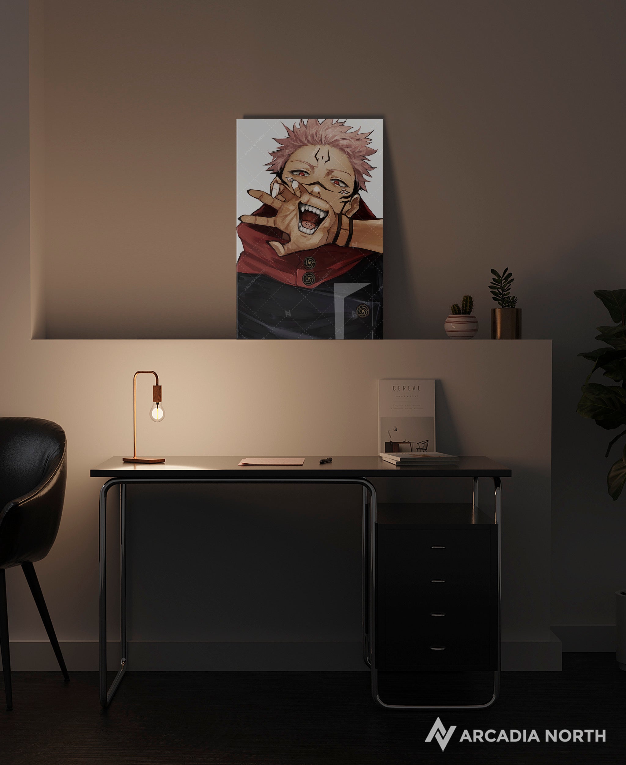 Jujutsu Kaisen anime acrylic poster by Arcadia North. Featuring a close-up of Sukuna on a white background.