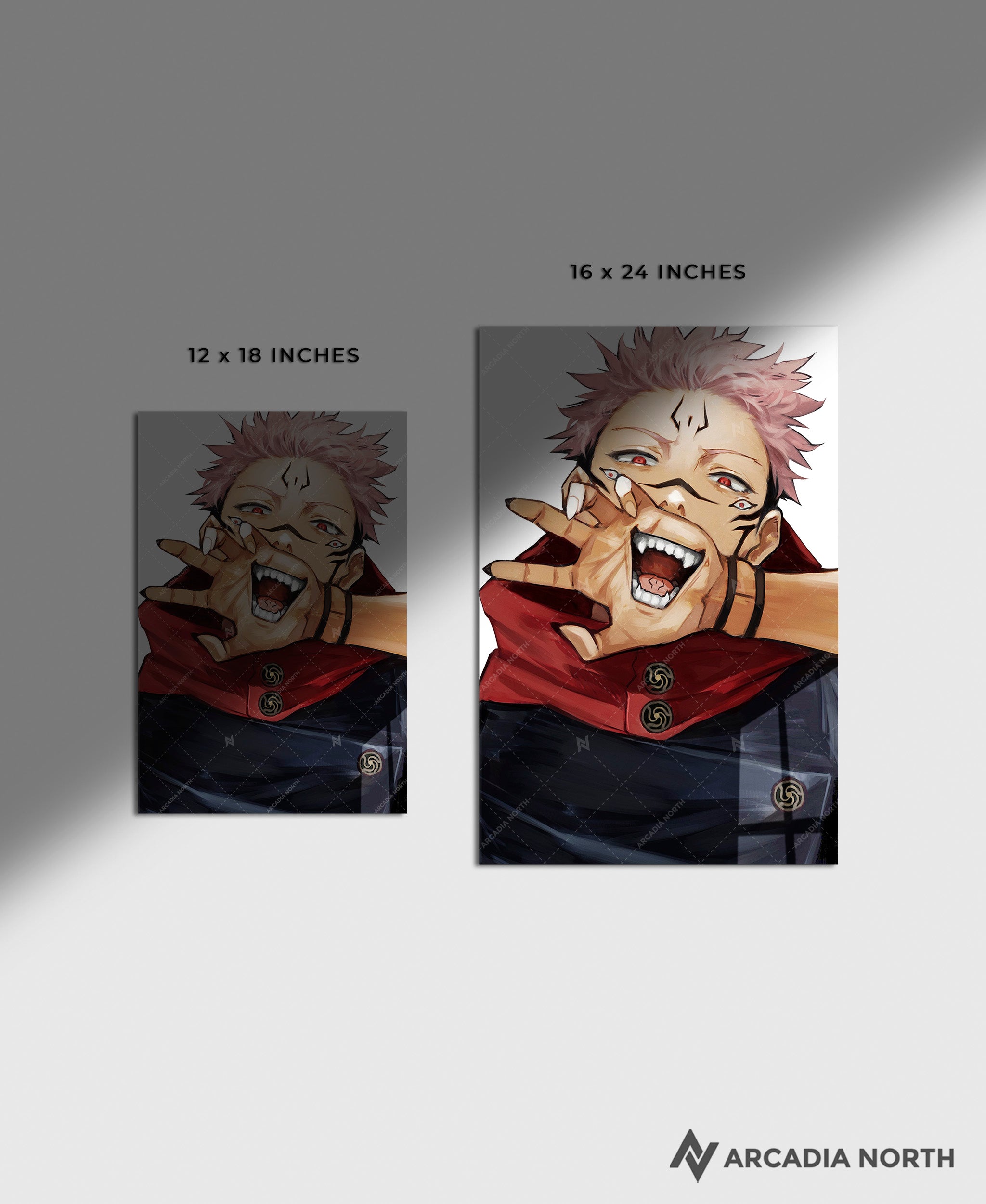 Jujutsu Kaisen anime acrylic poster by Arcadia North. Featuring a close-up of Sukuna on a white background. Acrylic wall art printed on acrylic.