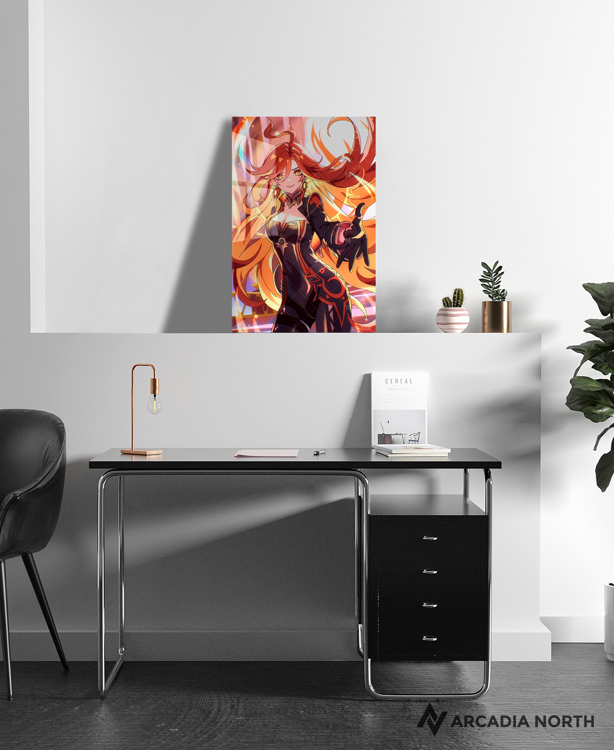 Genshin Impact Mavuika acrylic poster by Arcadia North. Artist Junebu Art. Acrylic wall art printed on acrylic.