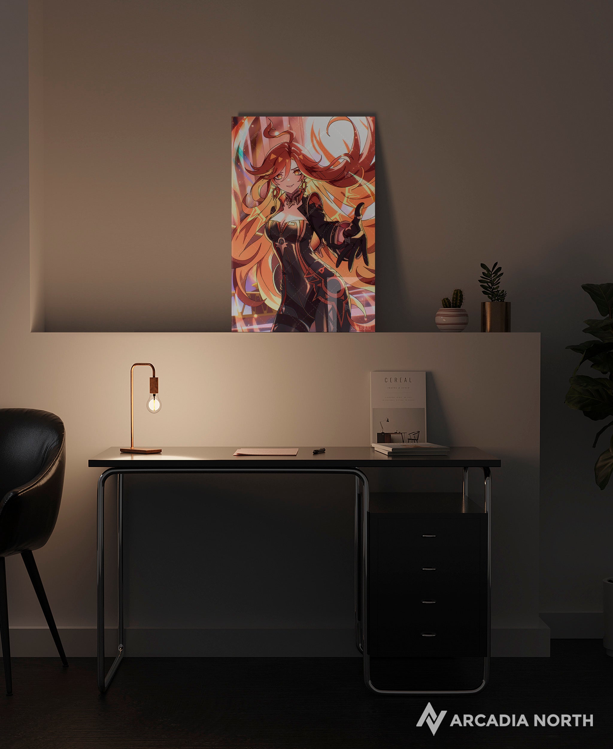 Genshin Impact Mavuika acrylic poster by Arcadia North. Artist Junebu Art. Acrylic wall art printed on acrylic.