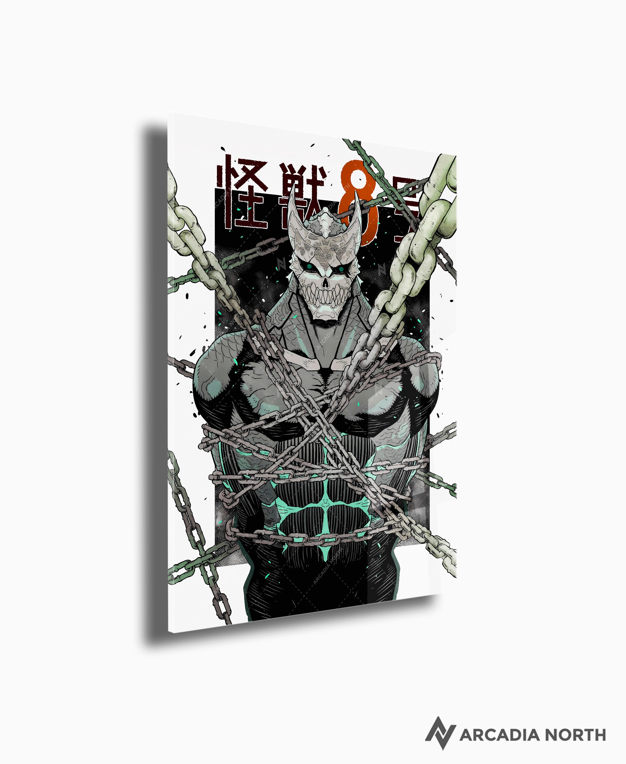 Kaiju No. 8 anime acrylic poster by Arcadia North. Feauturing the manga cover for Chapter 34. Kafka Hibino captured and chained. Acrylic wall art printed on acrylic.