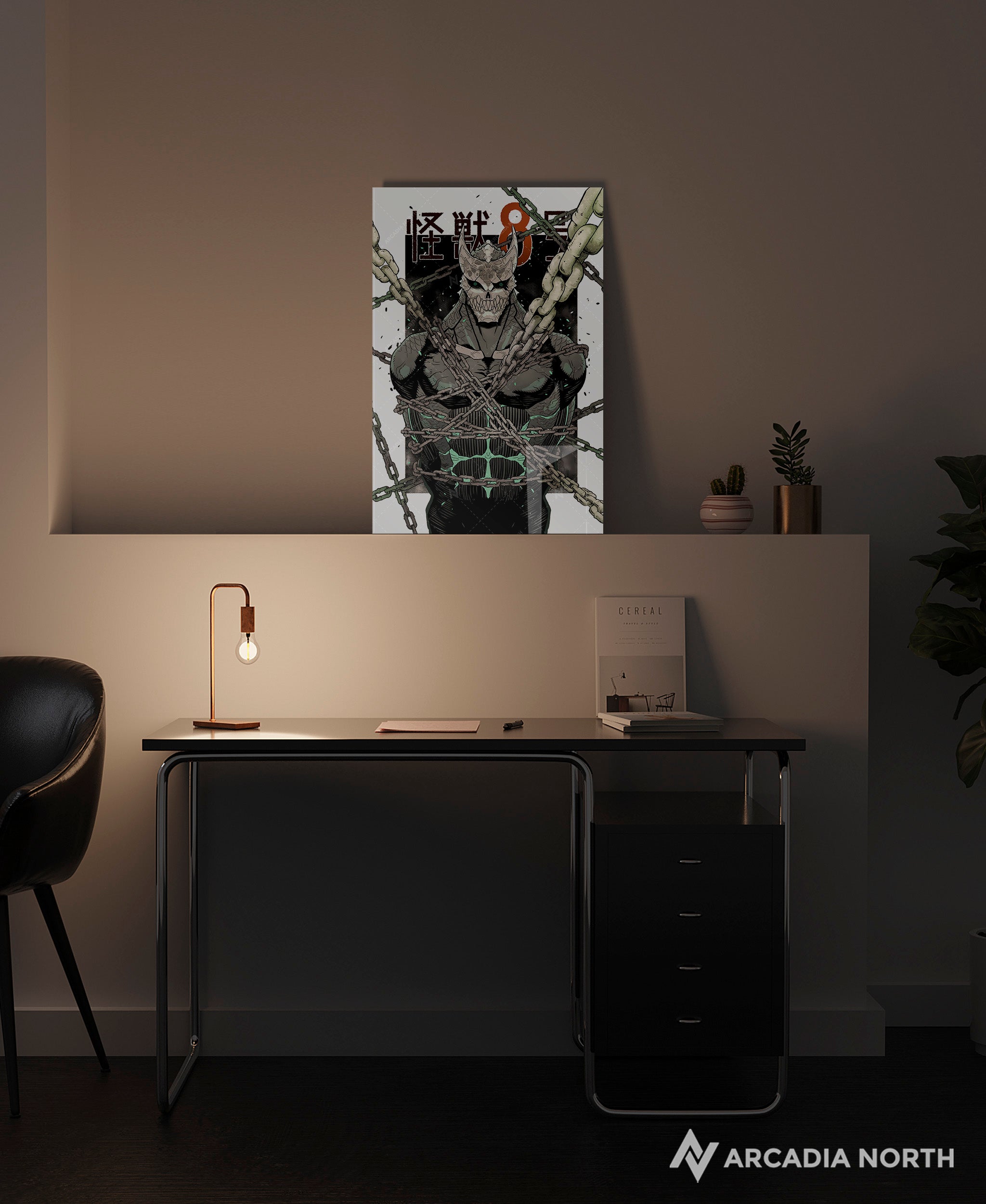 Kaiju No. 8 anime acrylic poster by Arcadia North. Feauturing the manga cover for Chapter 34. Kafka Hibino captured and chained. Acrylic wall art printed on acrylic.