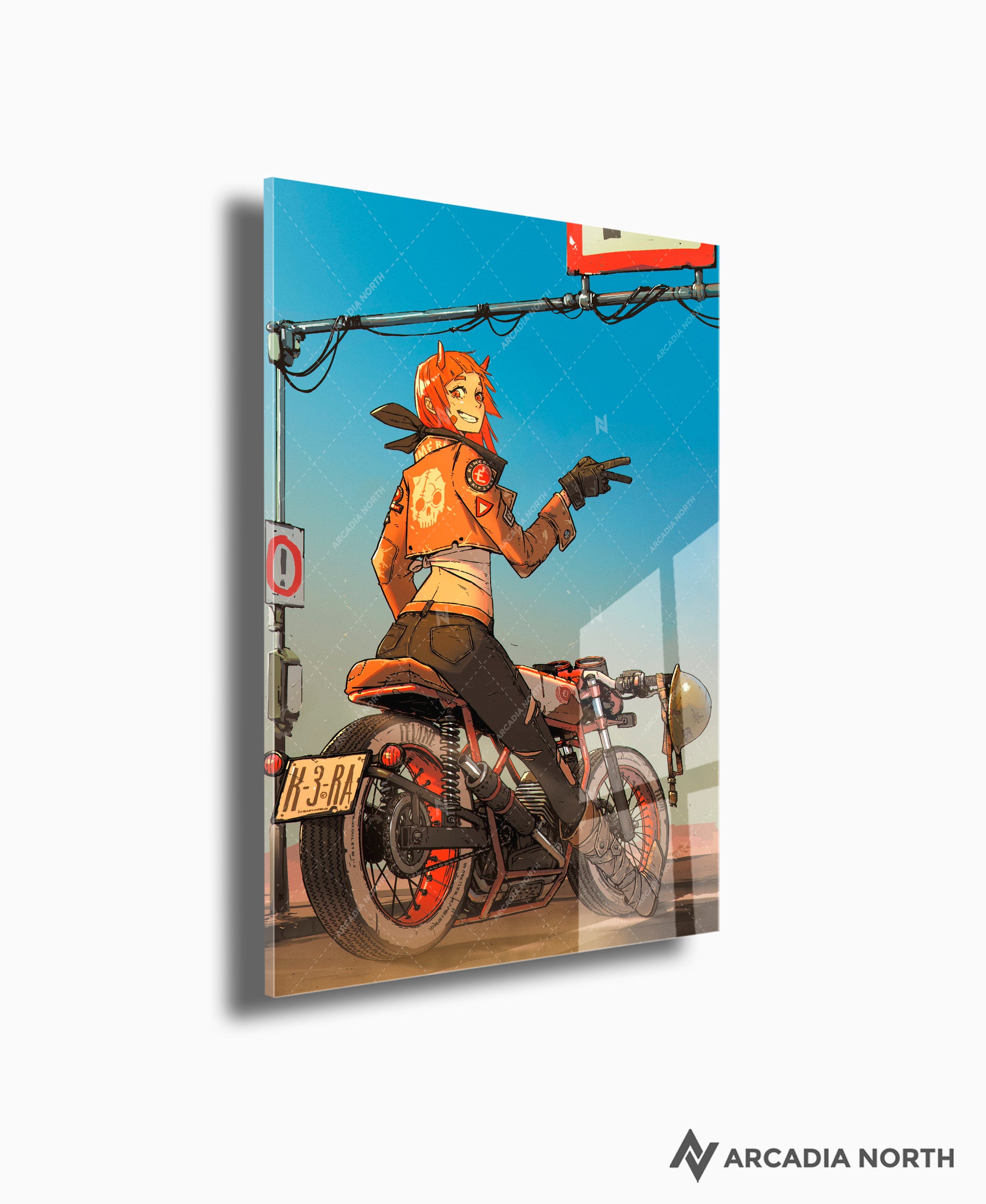 Arcadia North acrylic poster of a woman on a motorcycle. Coffee Rider by Naka. Acrylic wall art printed on acrylic.