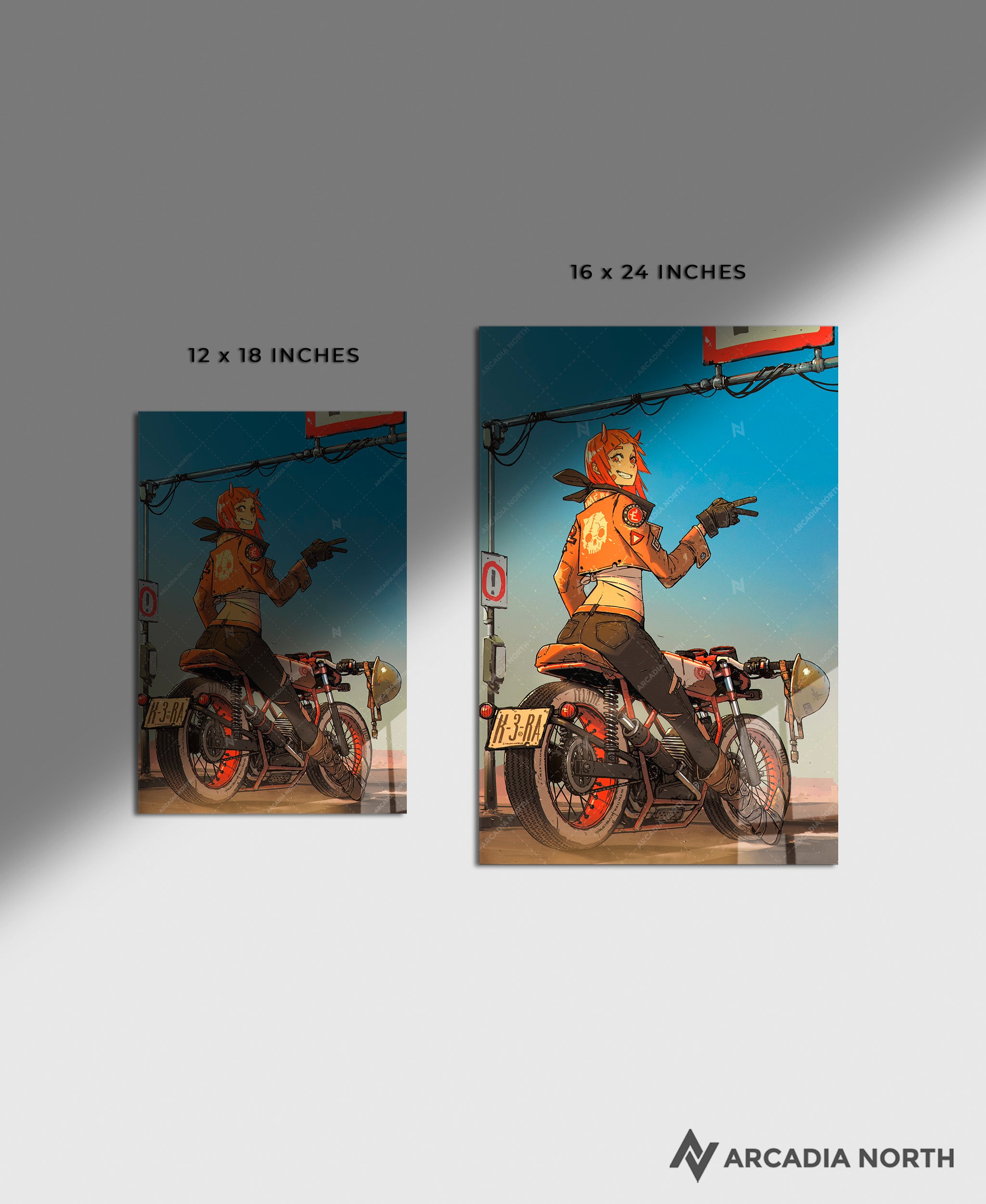 Arcadia North acrylic poster of a woman on a motorcycle. Coffee Rider by Naka. Acrylic wall art printed on acrylic.