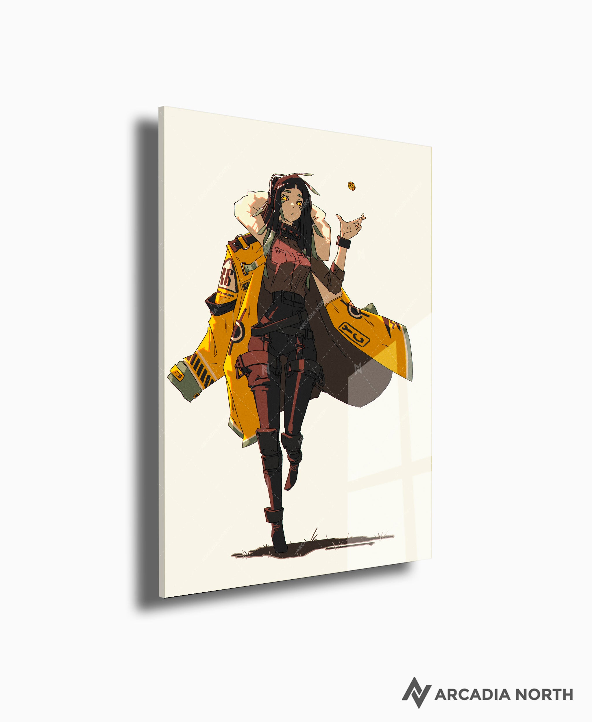 Arcadia North acrylic poster of a cool woman flipping a coin. Coin Flip by Naka. Acrylic wall art printed on acrylic.