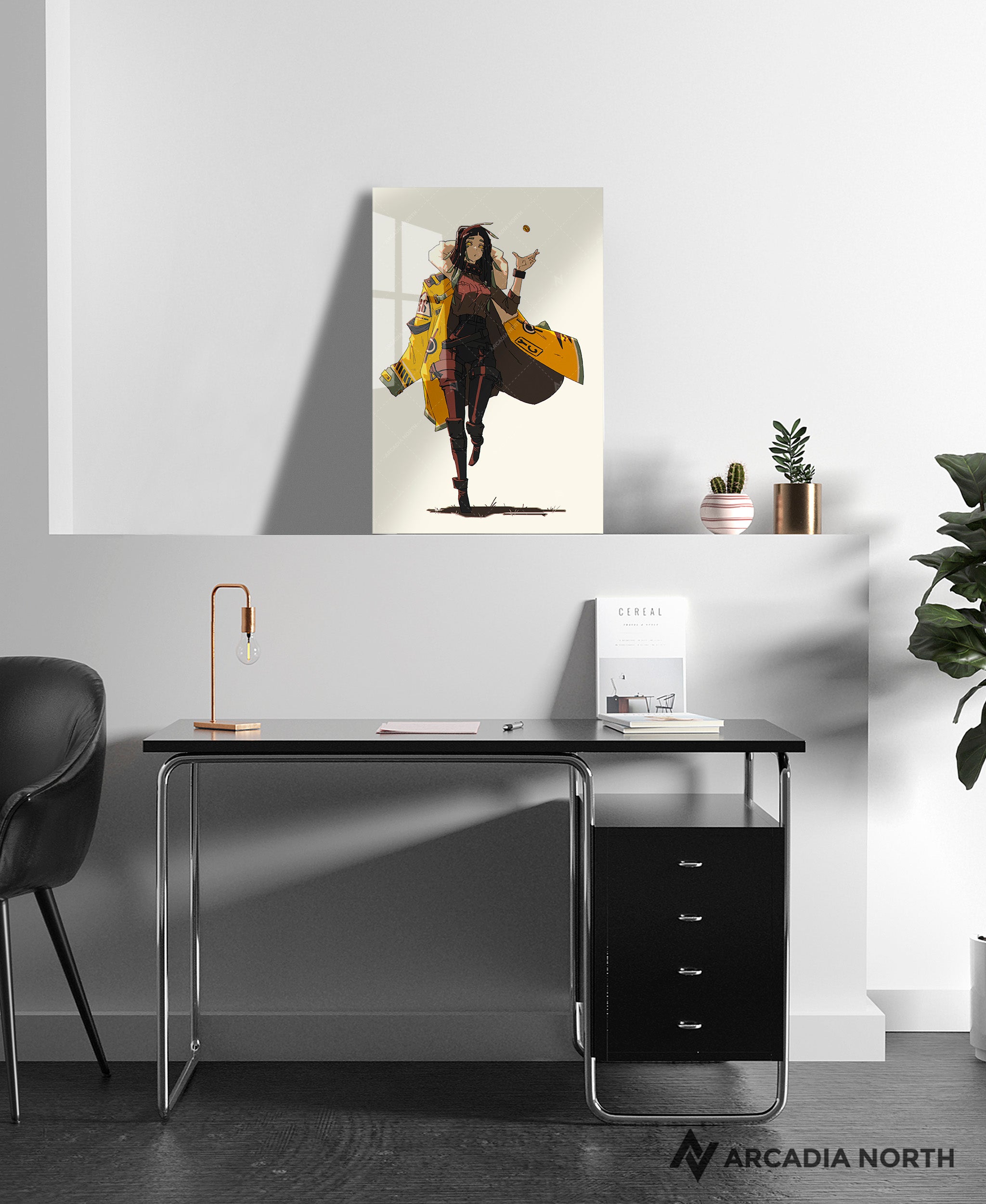 Arcadia North acrylic poster of a cool woman flipping a coin. Coin Flip by Naka. Acrylic wall art printed on acrylic.