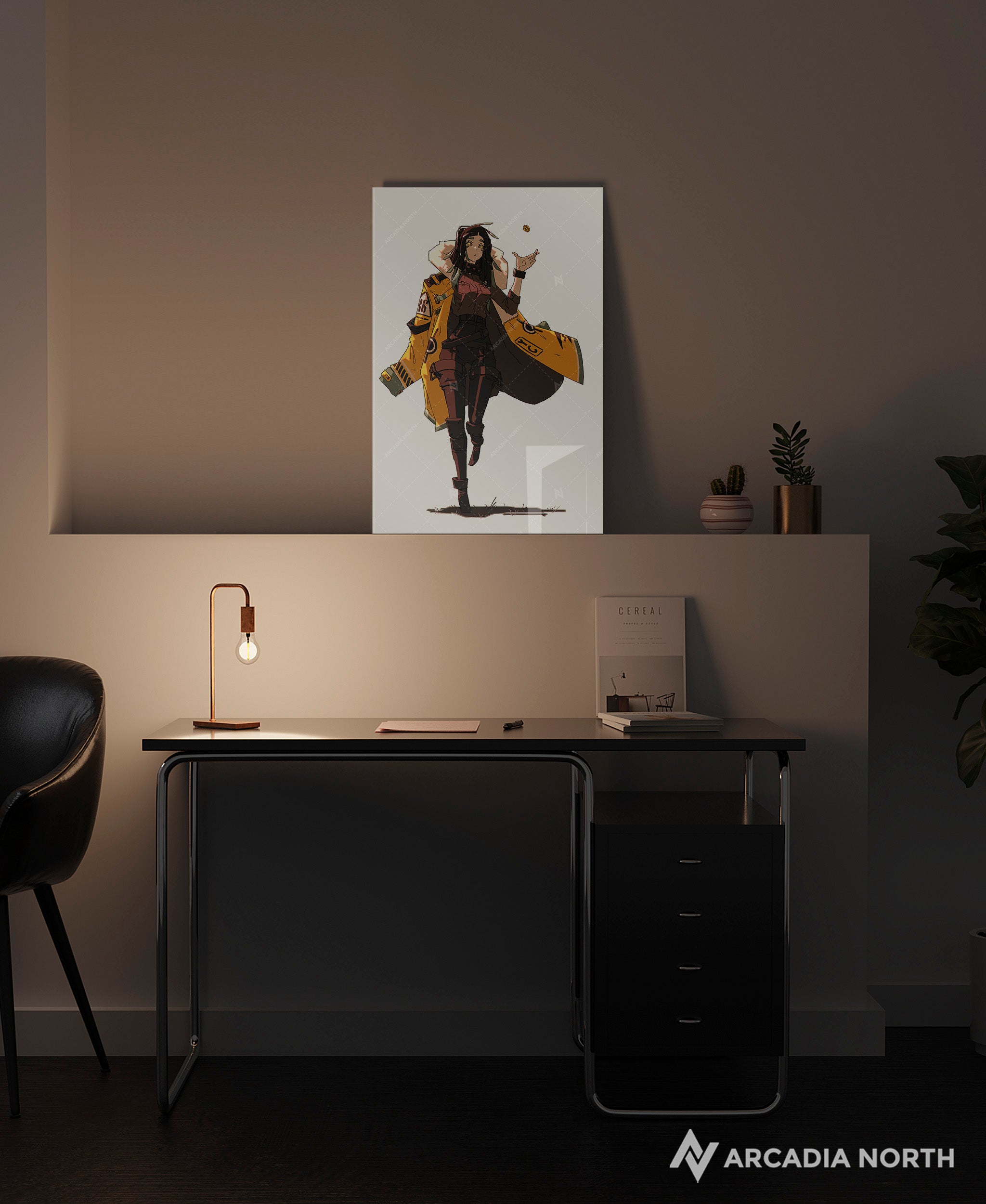 Arcadia North acrylic poster of a cool woman flipping a coin. Coin Flip by Naka. Acrylic wall art printed on acrylic.