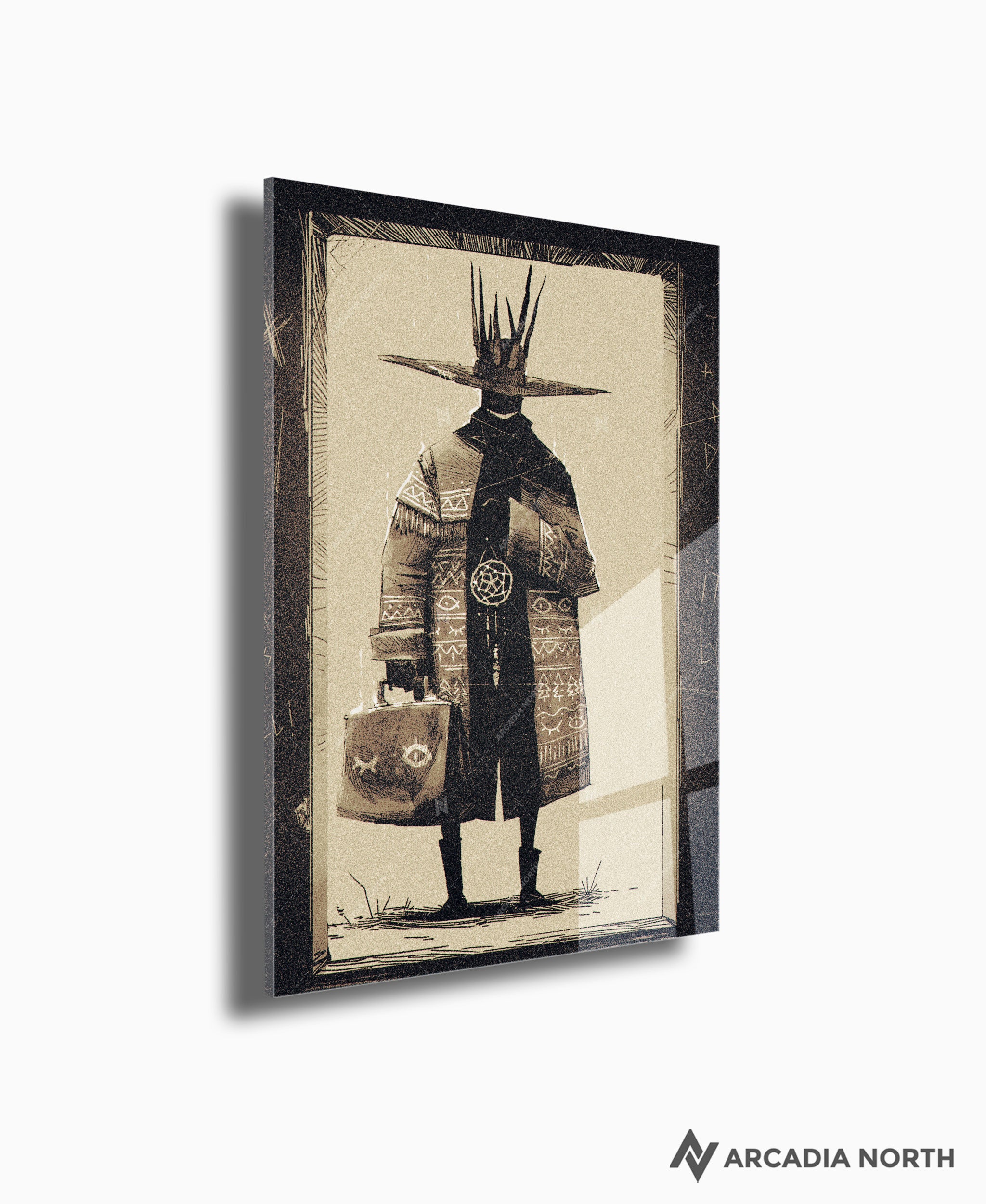 Arcadia North acrylic poster of a mysterious figure holding a dream catcher. Dream Peddler by Naka. Acrylic wall art printed on acrylic.