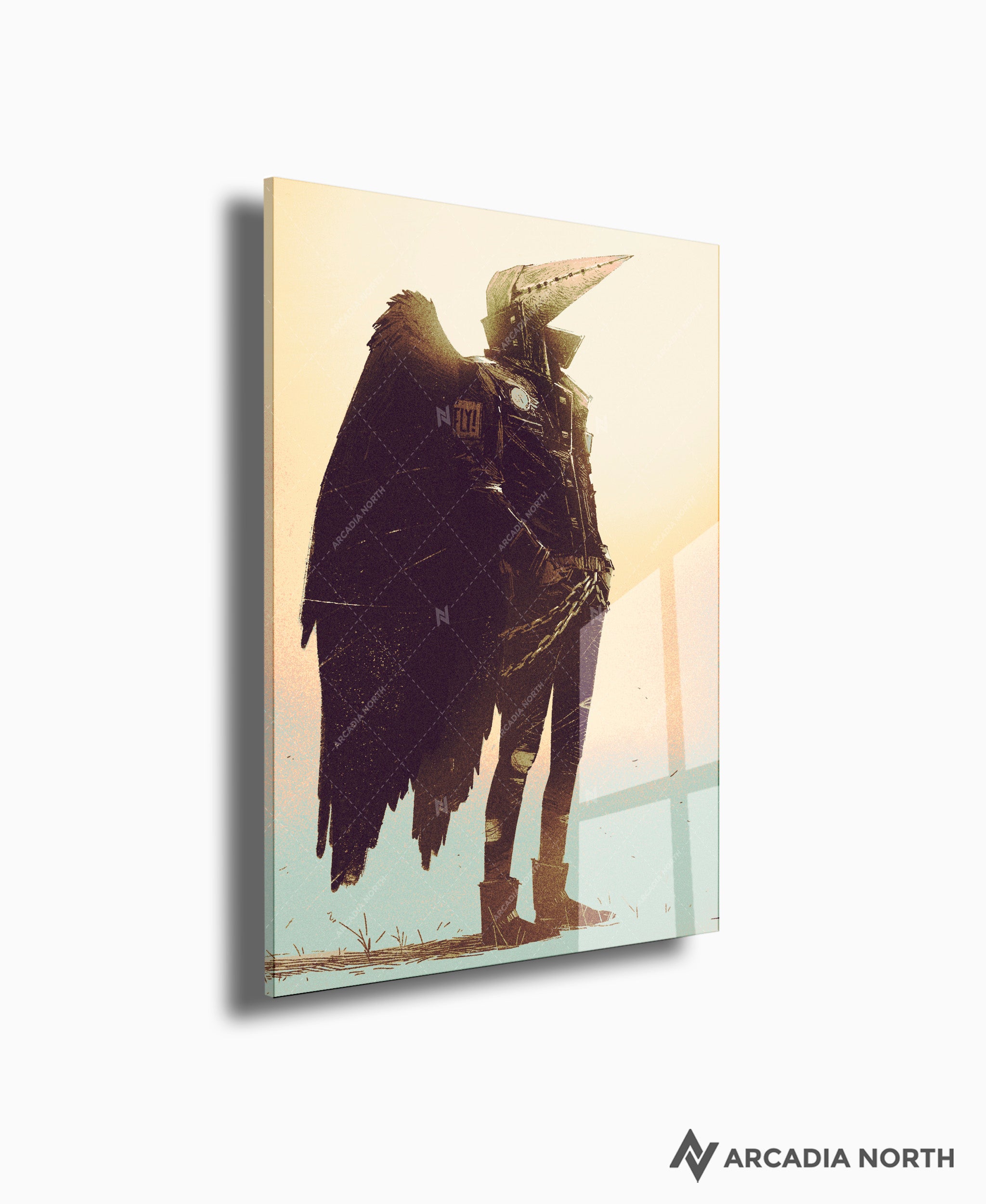 Arcadia North acrylic poster of a figure with a bird-like helmet and large, dark wings. FLY! by Naka. Acrylic wall art printed on acrylic.