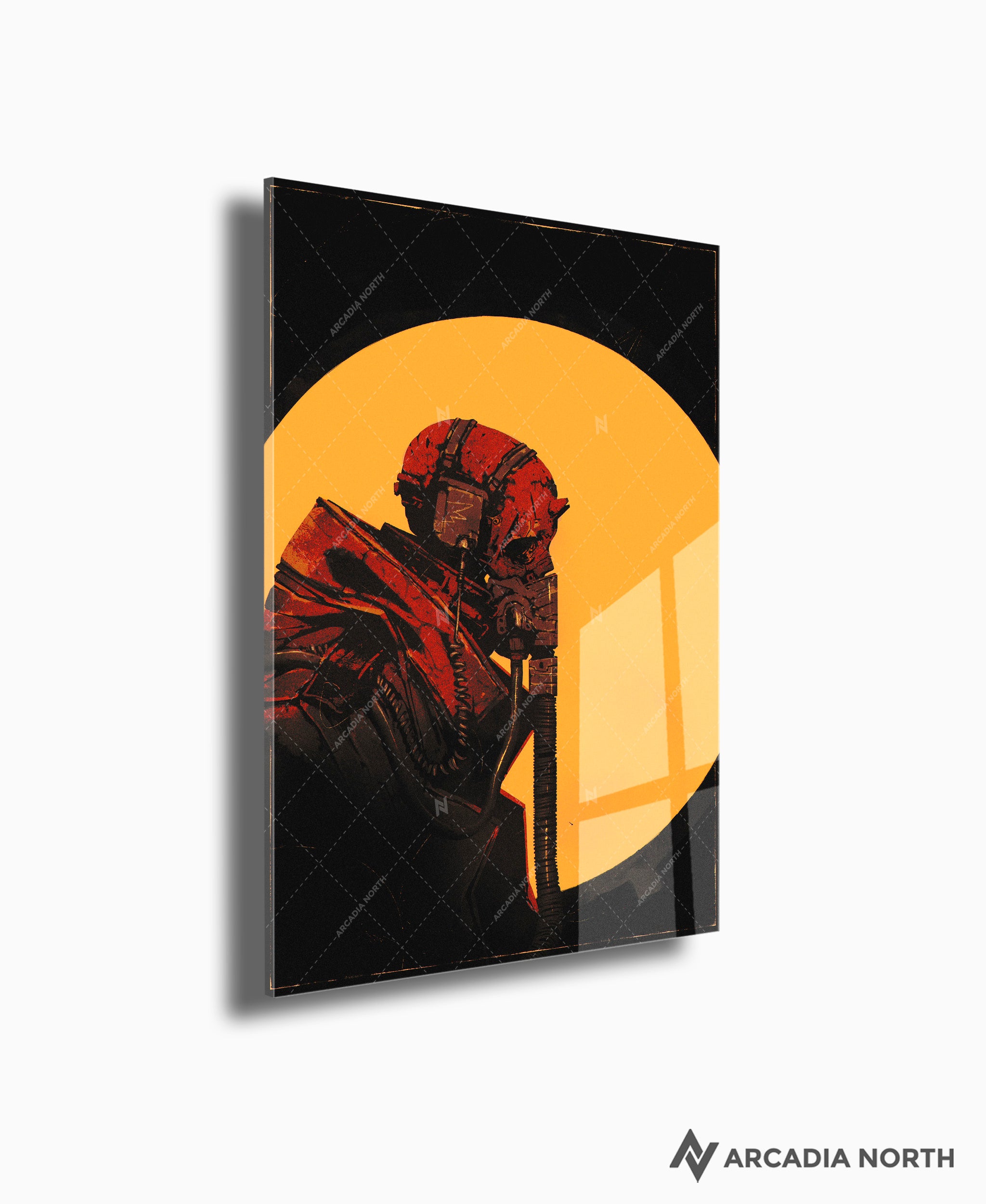 Arcadia North acrylic poster of a dystopian skeleton pilot wearing an oxygen mask. Red Skull by Naka. Acrylic wall art printed on acrylic.