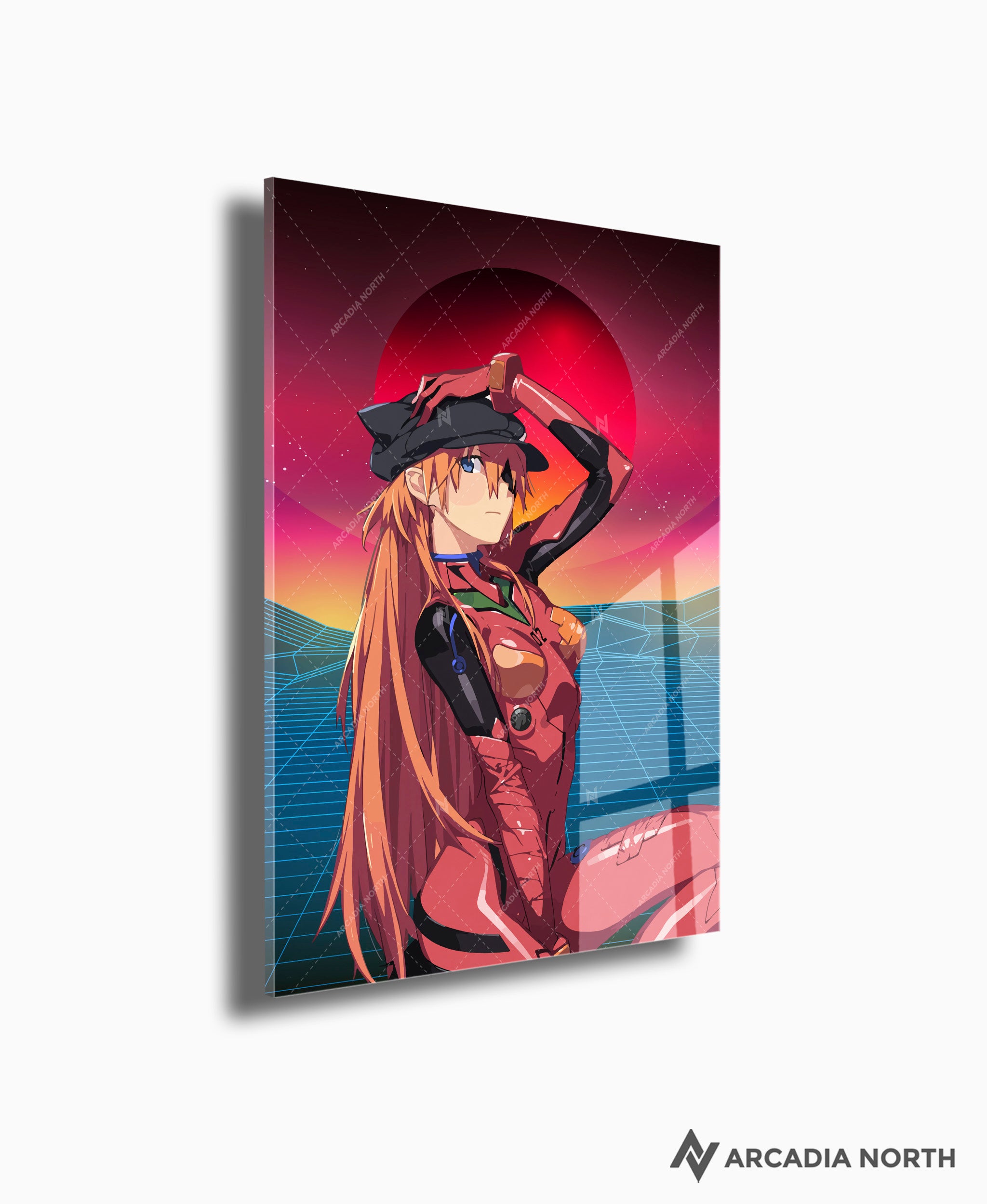 Neon Genesis Evangelion anime acrylic poster by Arcadia North. Feauturing Asuka Langley Soryu with a synthwave background.