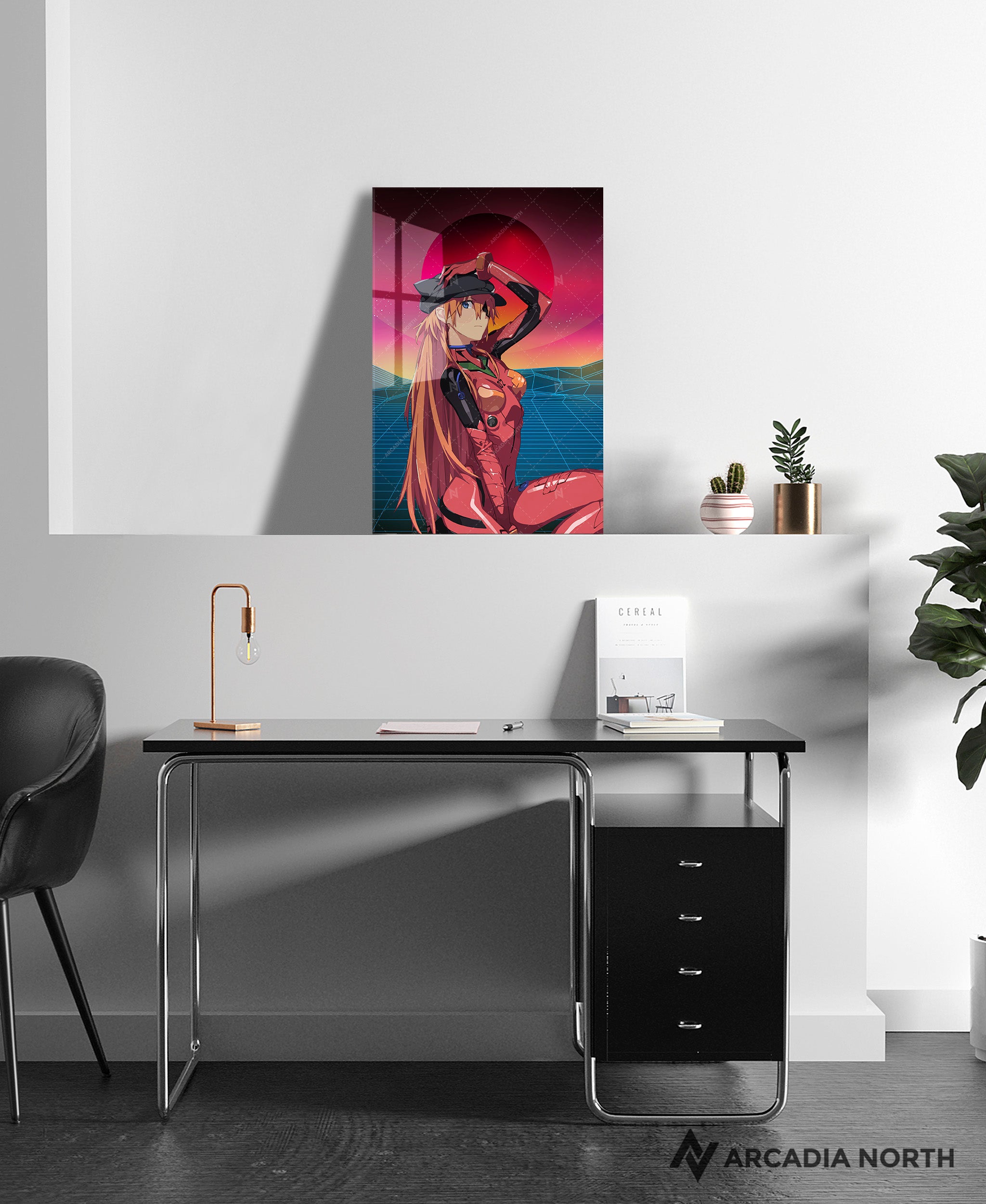 Neon Genesis Evangelion anime acrylic poster by Arcadia North. Feauturing Asuka Langley Soryu with a synthwave background. Acrylic wall art printed on acrylic.