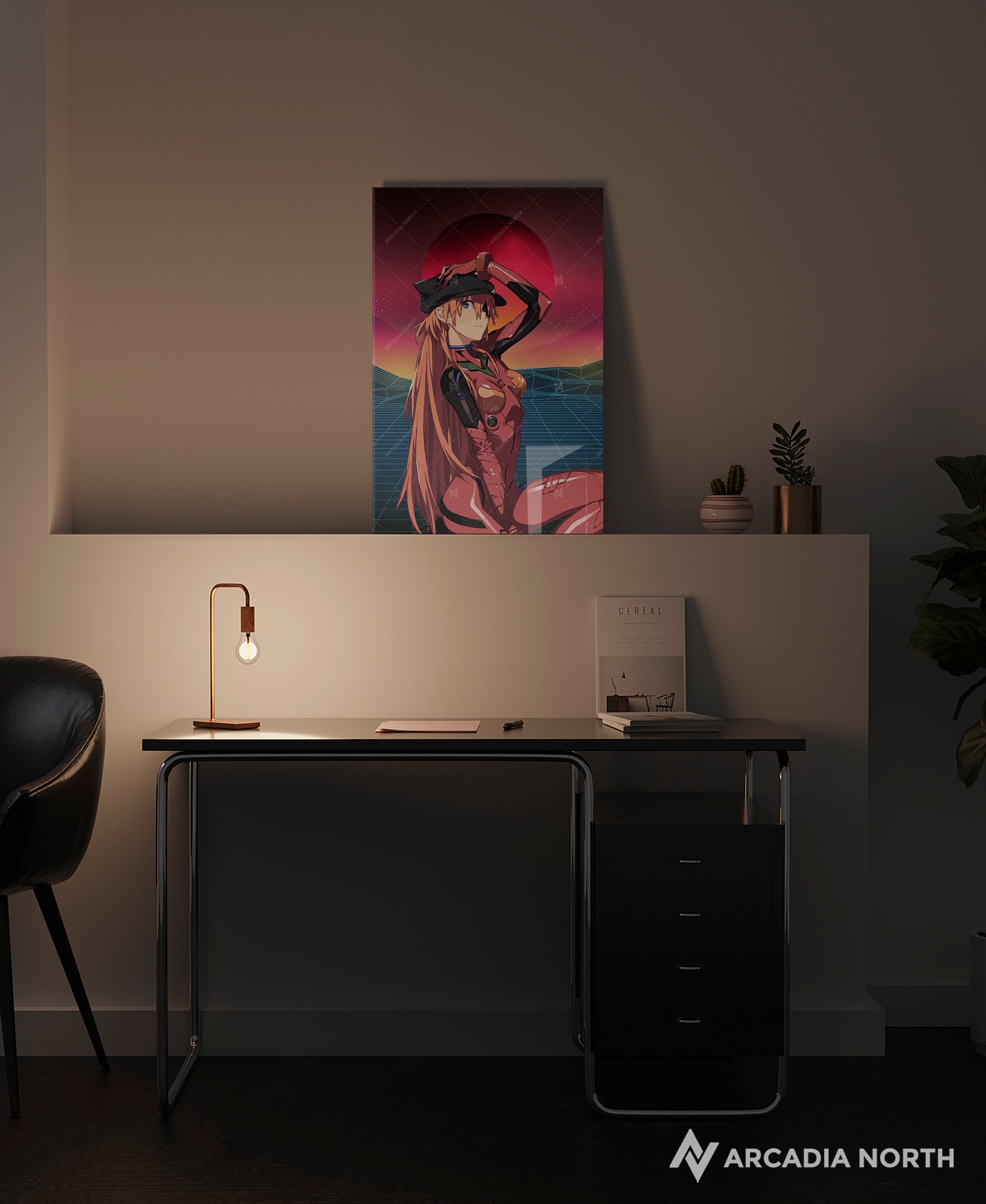 Neon Genesis Evangelion anime acrylic poster by Arcadia North. Feauturing Asuka Langley Soryu with a synthwave background. Acrylic wall art printed on acrylic.