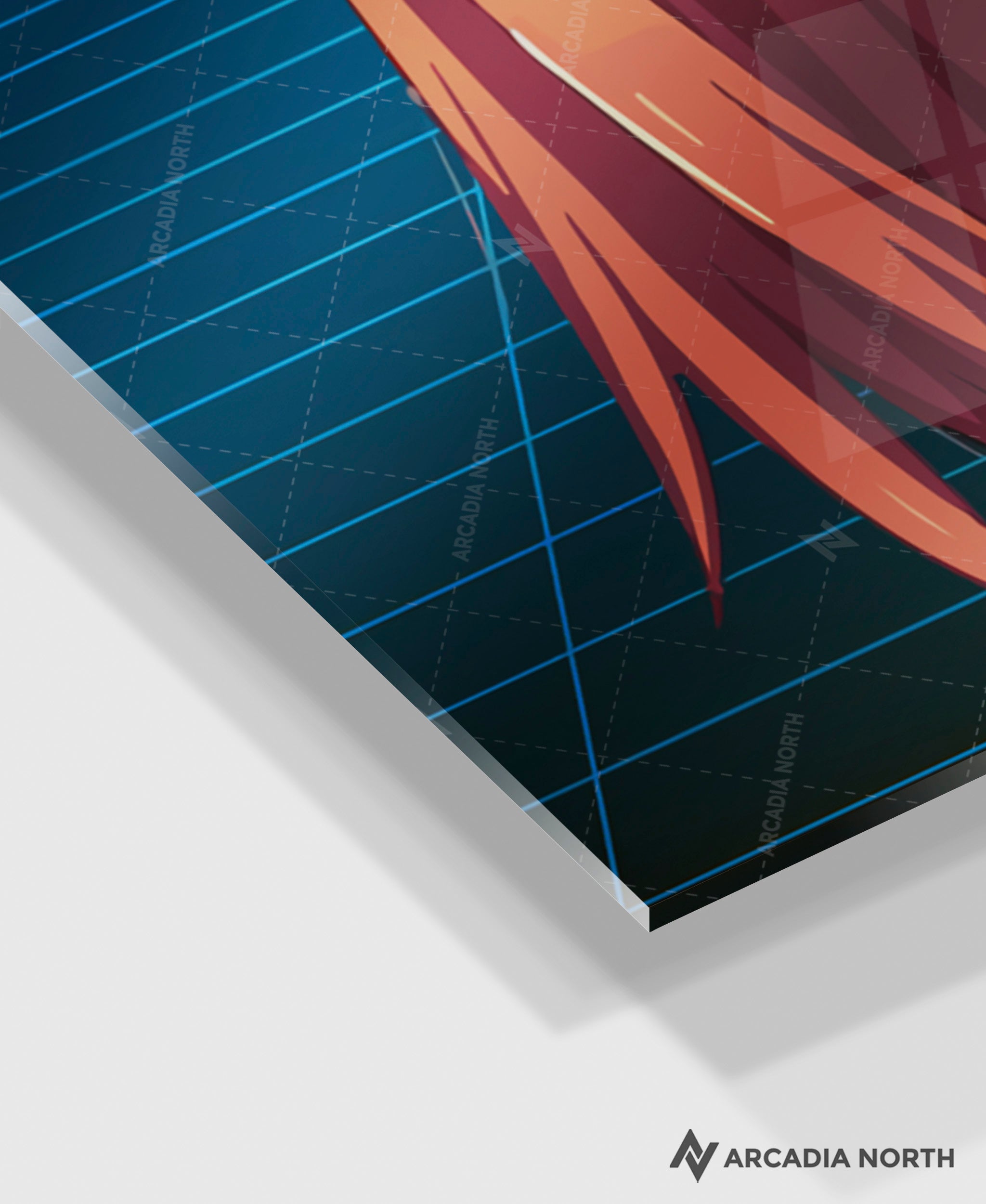 Neon Genesis Evangelion anime acrylic poster by Arcadia North. Feauturing Asuka Langley Soryu with a synthwave background.